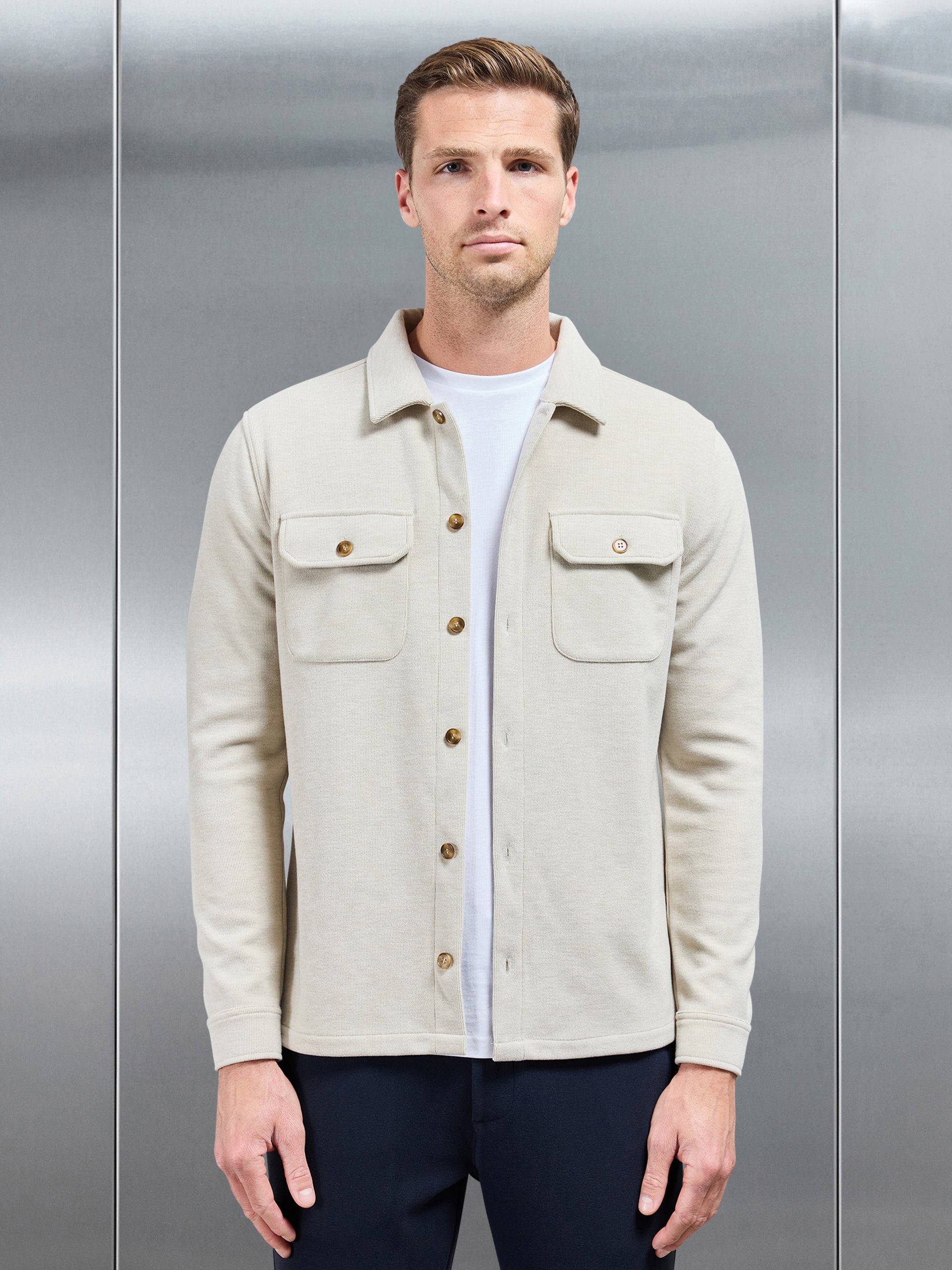 Textured Knitted Overshirt in Stone