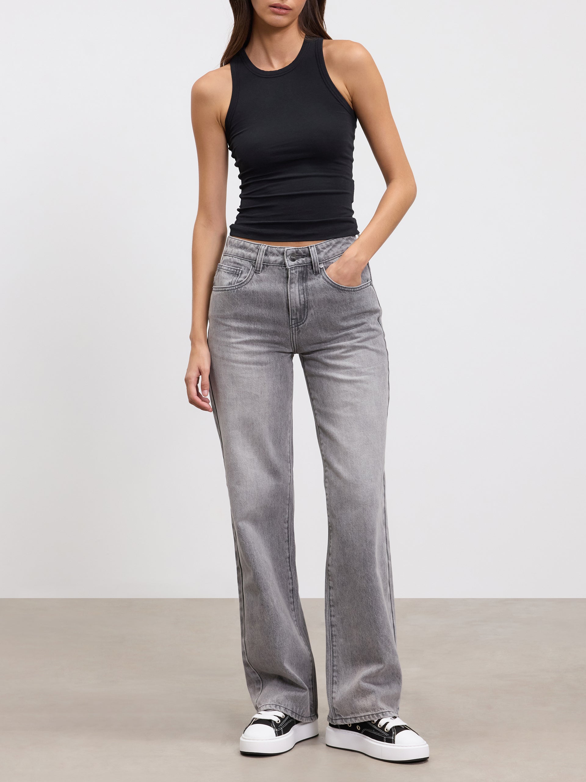 Womens Mid Rise Straight Denim Jean in Grey Wash