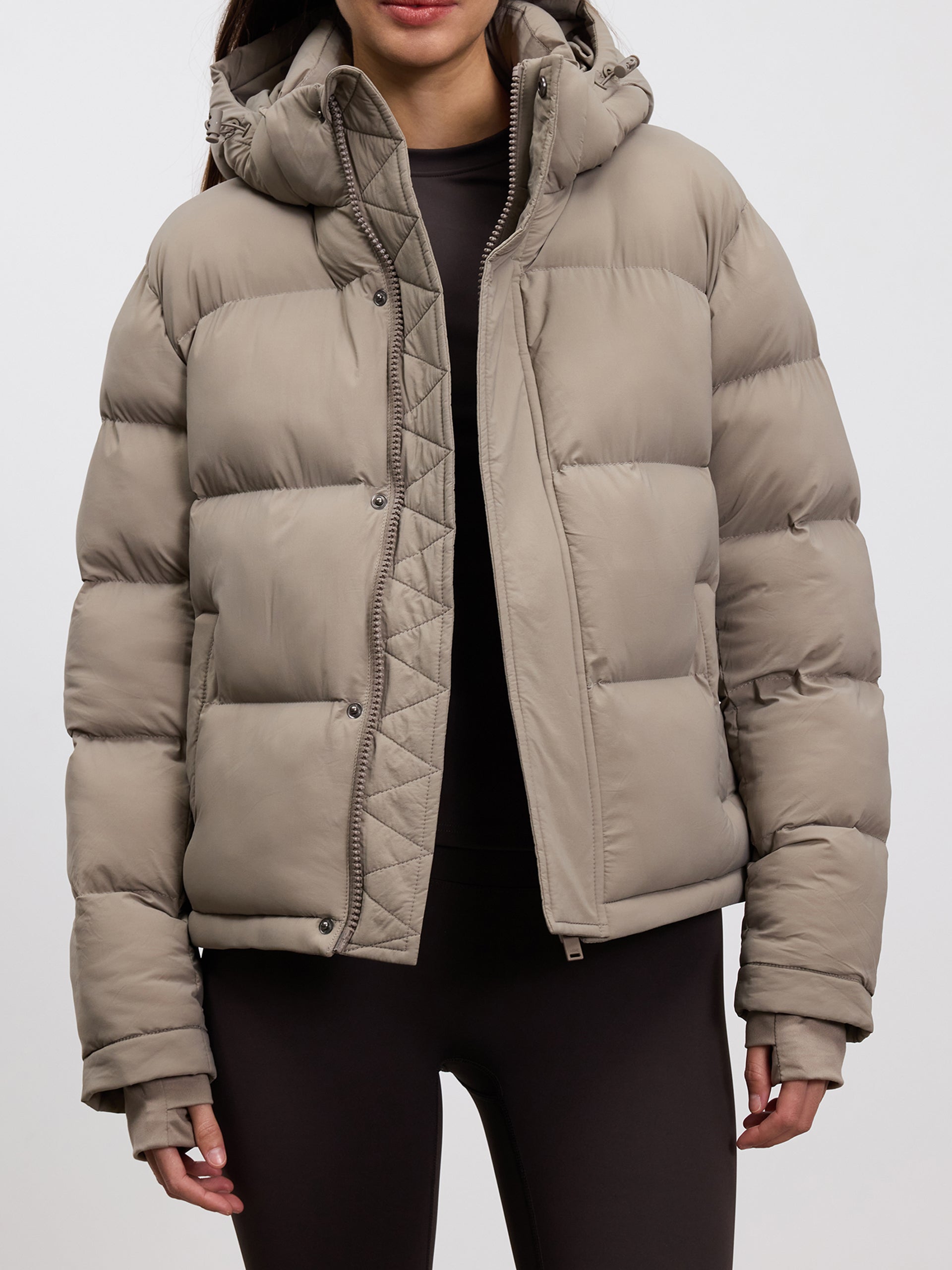 Womens Short Length Puffer Jacket in Stone