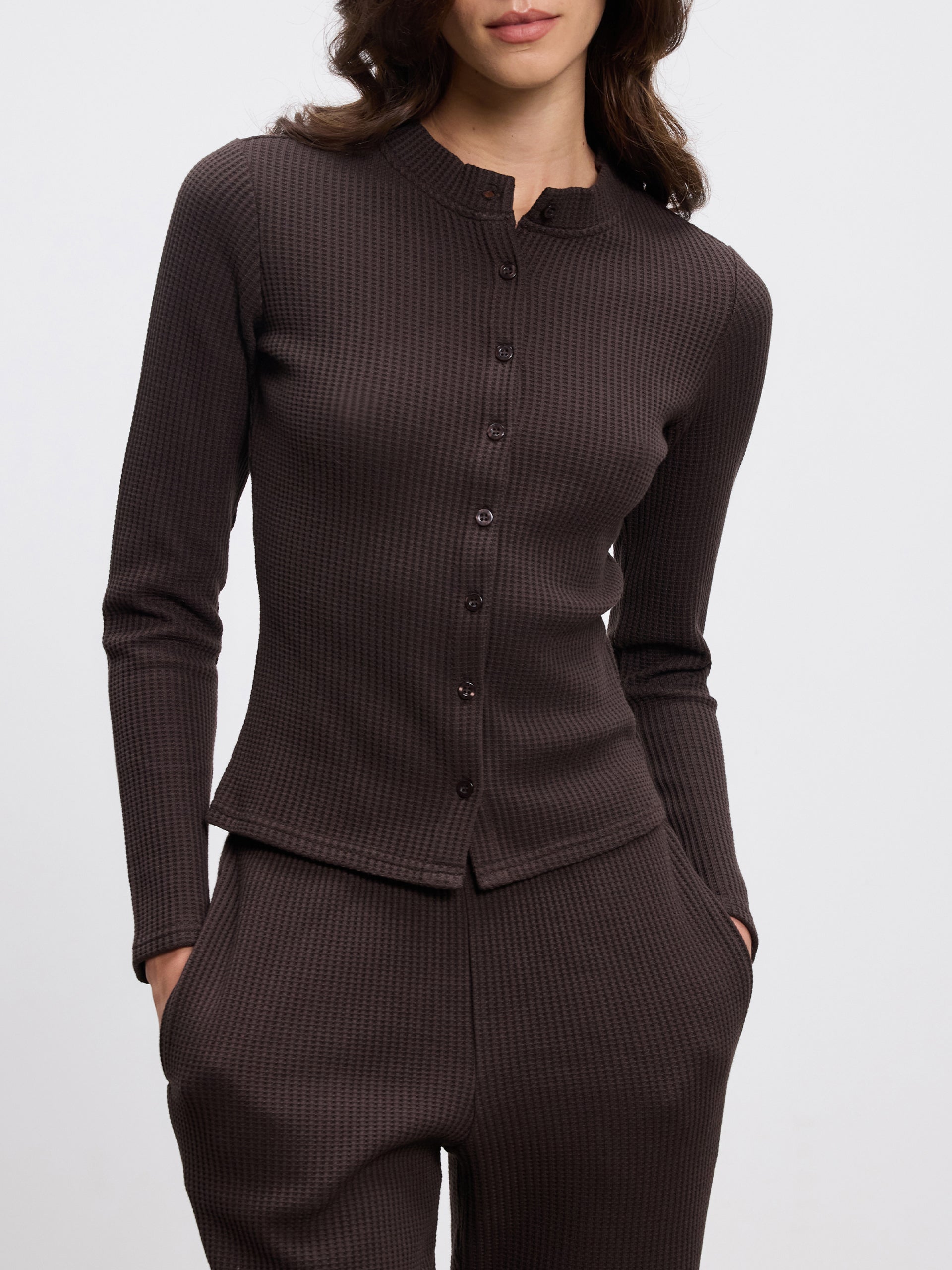 Womens Waffle Button Through Cardigan in Brown