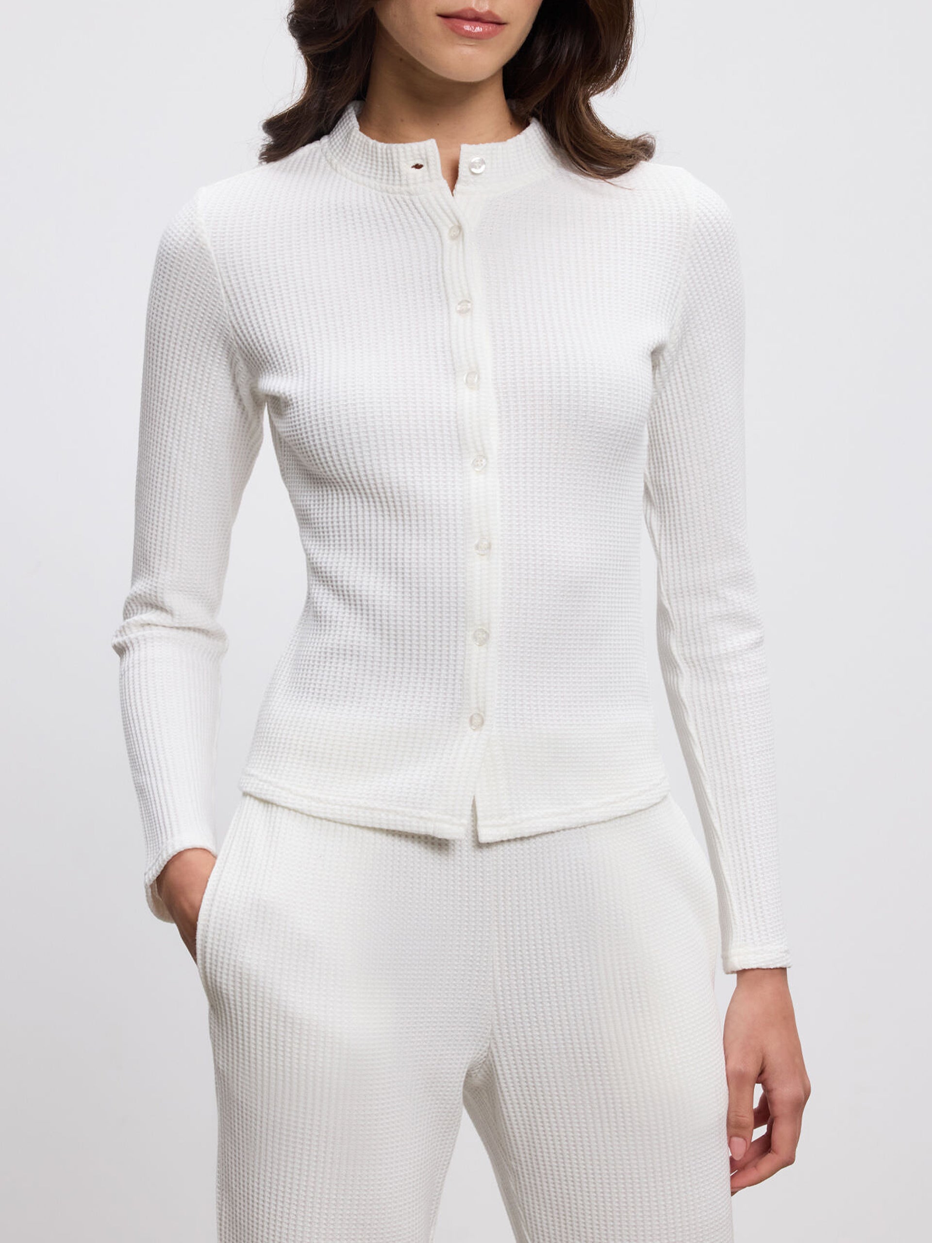 Womens Waffle Button Through Cardigan in Ecru