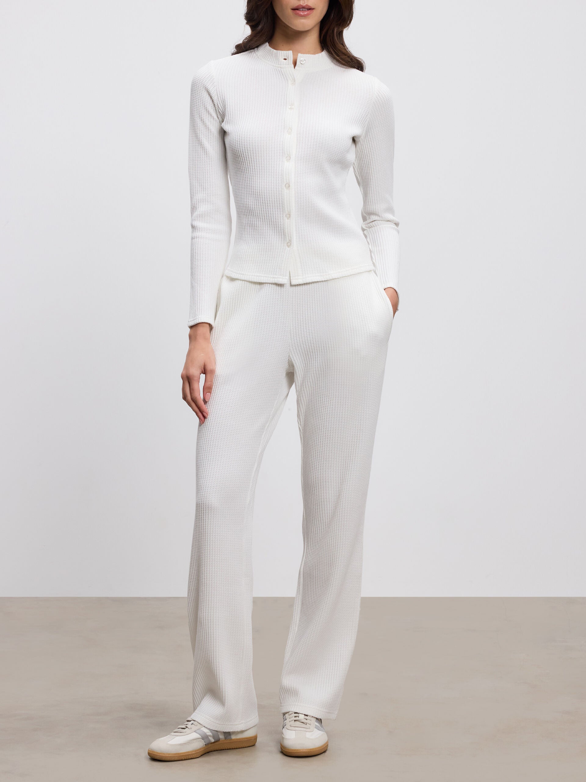 Womens Waffle Button Through Cardigan in Ecru