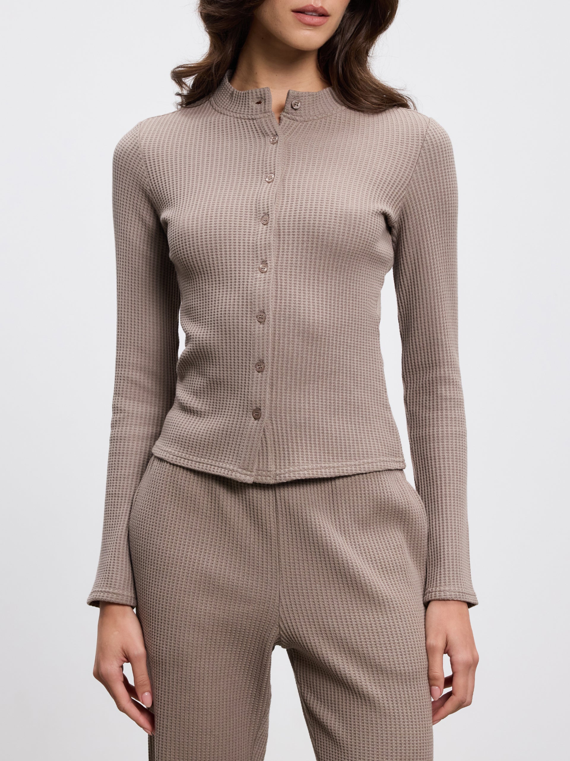 Womens Waffle Button Through Cardigan in Taupe
