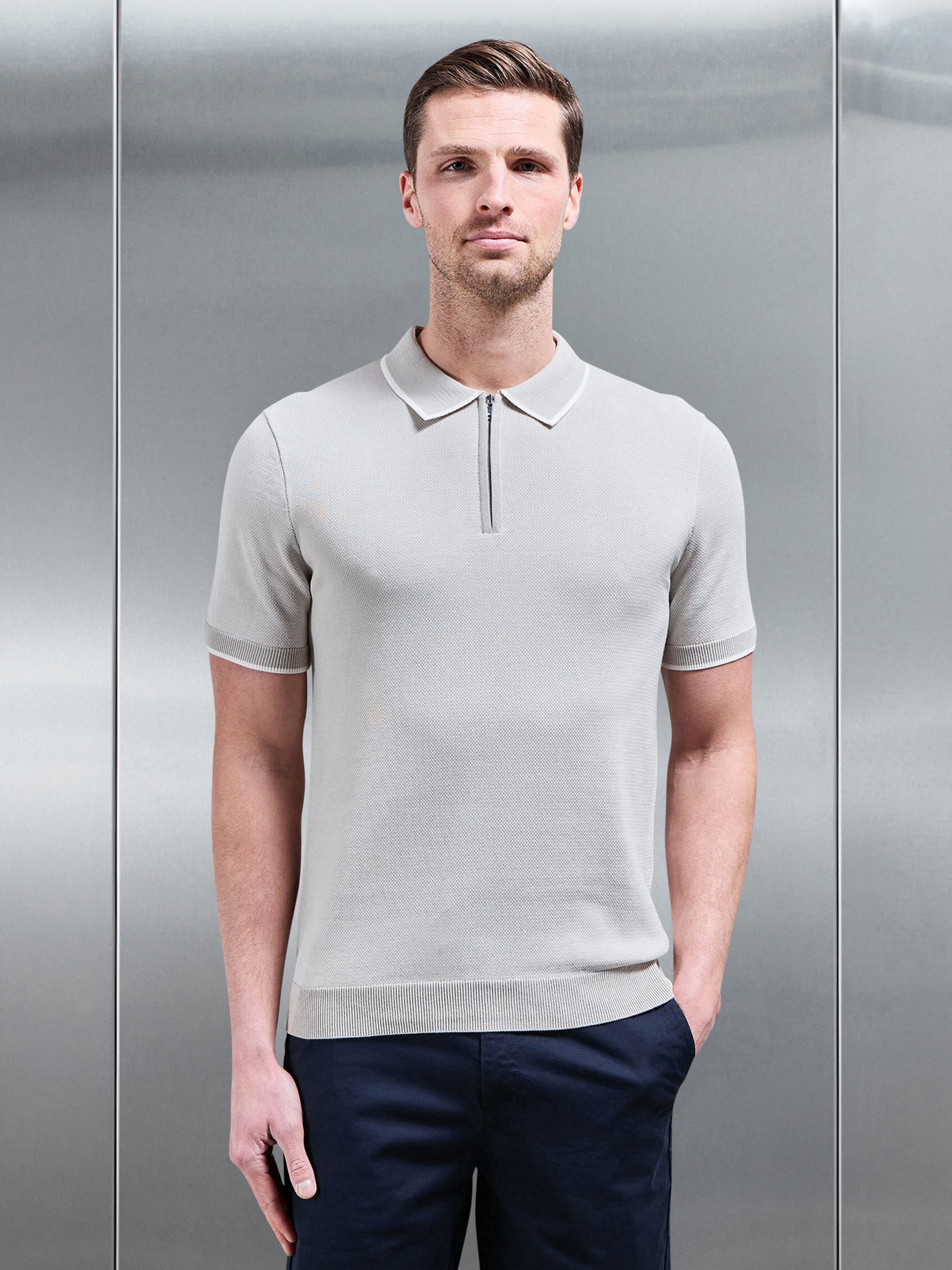 Capri Textured Knitted Zip Polo Shirt in Stone
