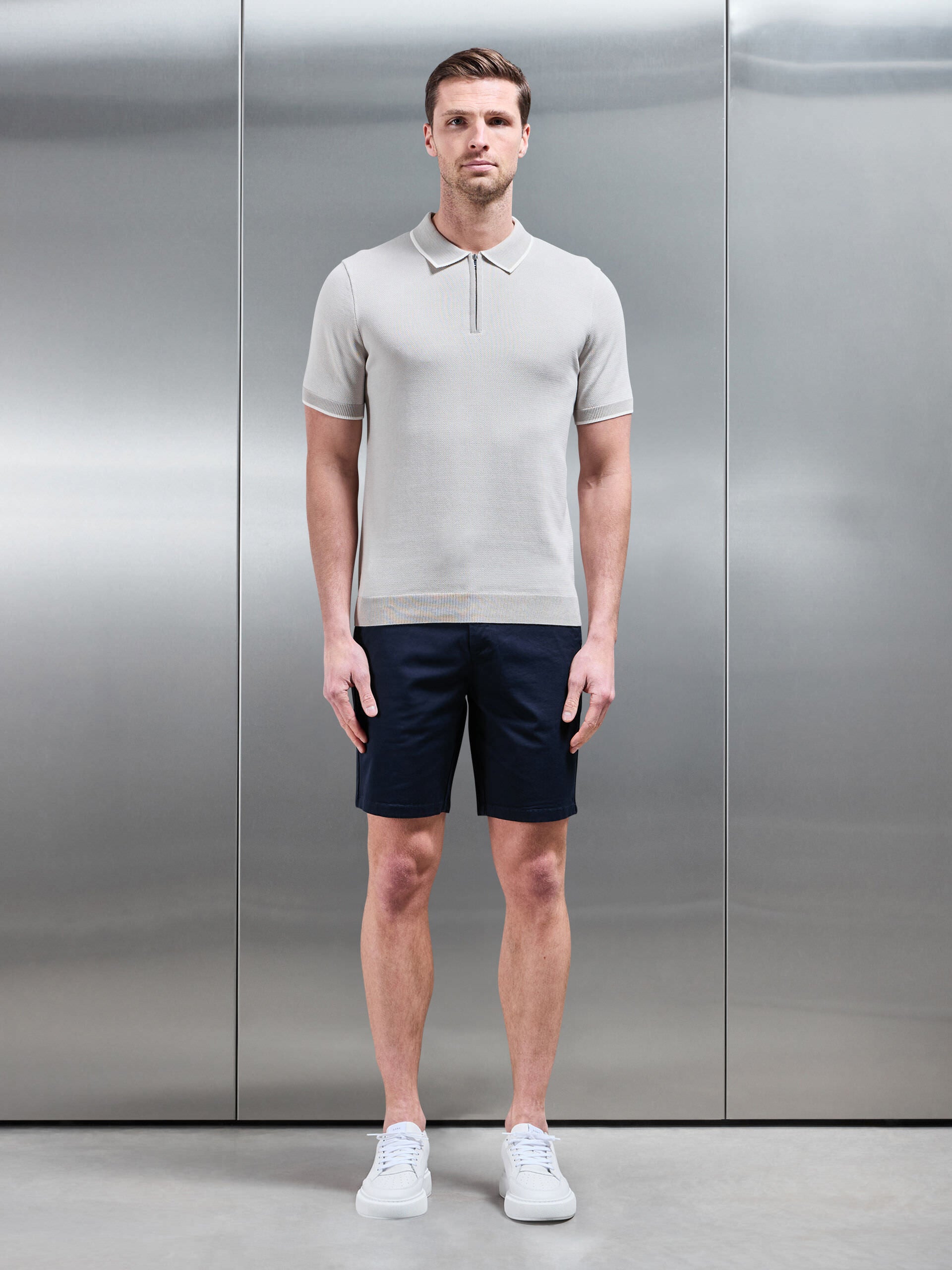 Capri Textured Knitted Zip Polo Shirt in Stone