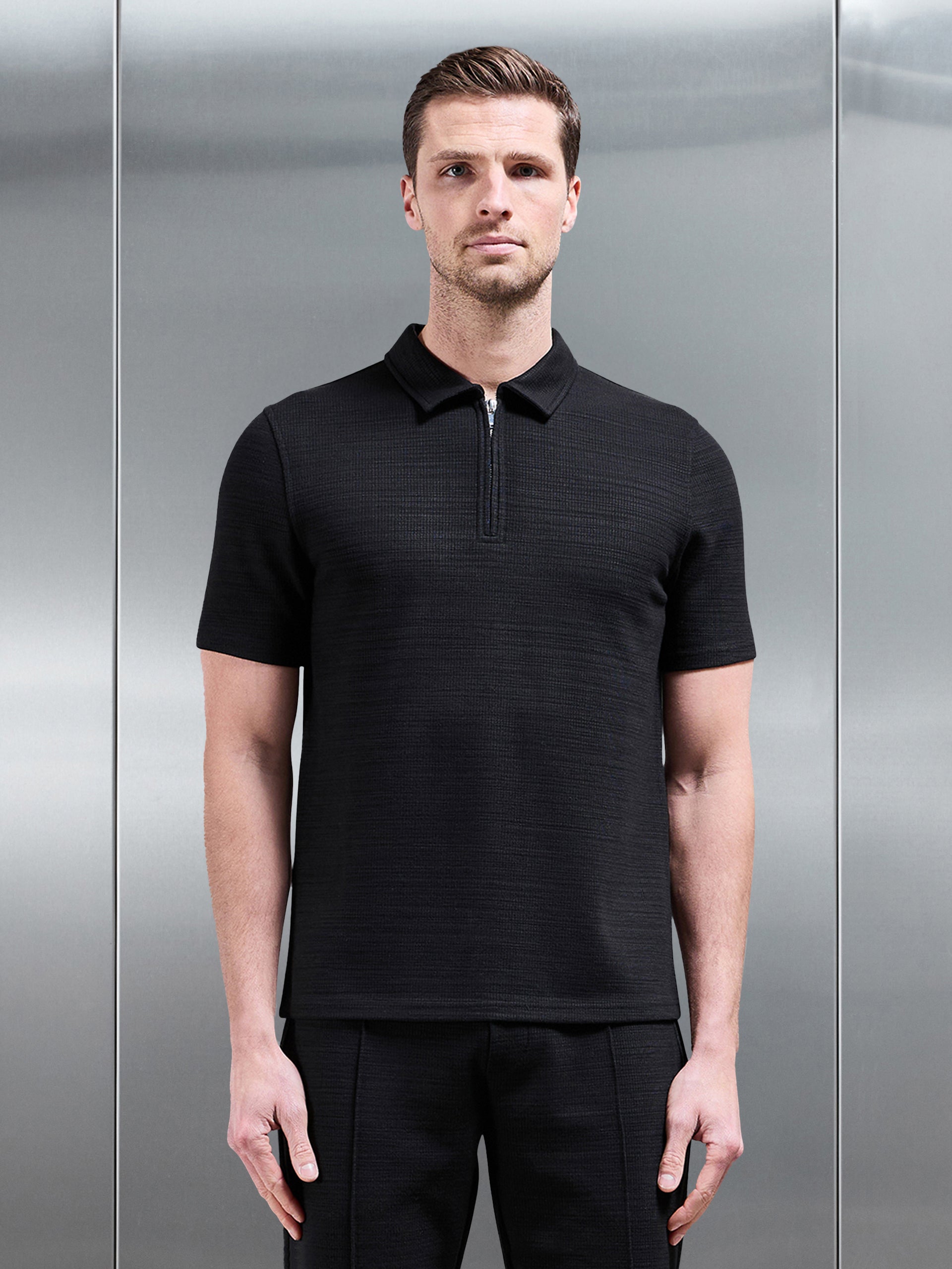 Cavour Textured Zip Polo Shirt in Black
