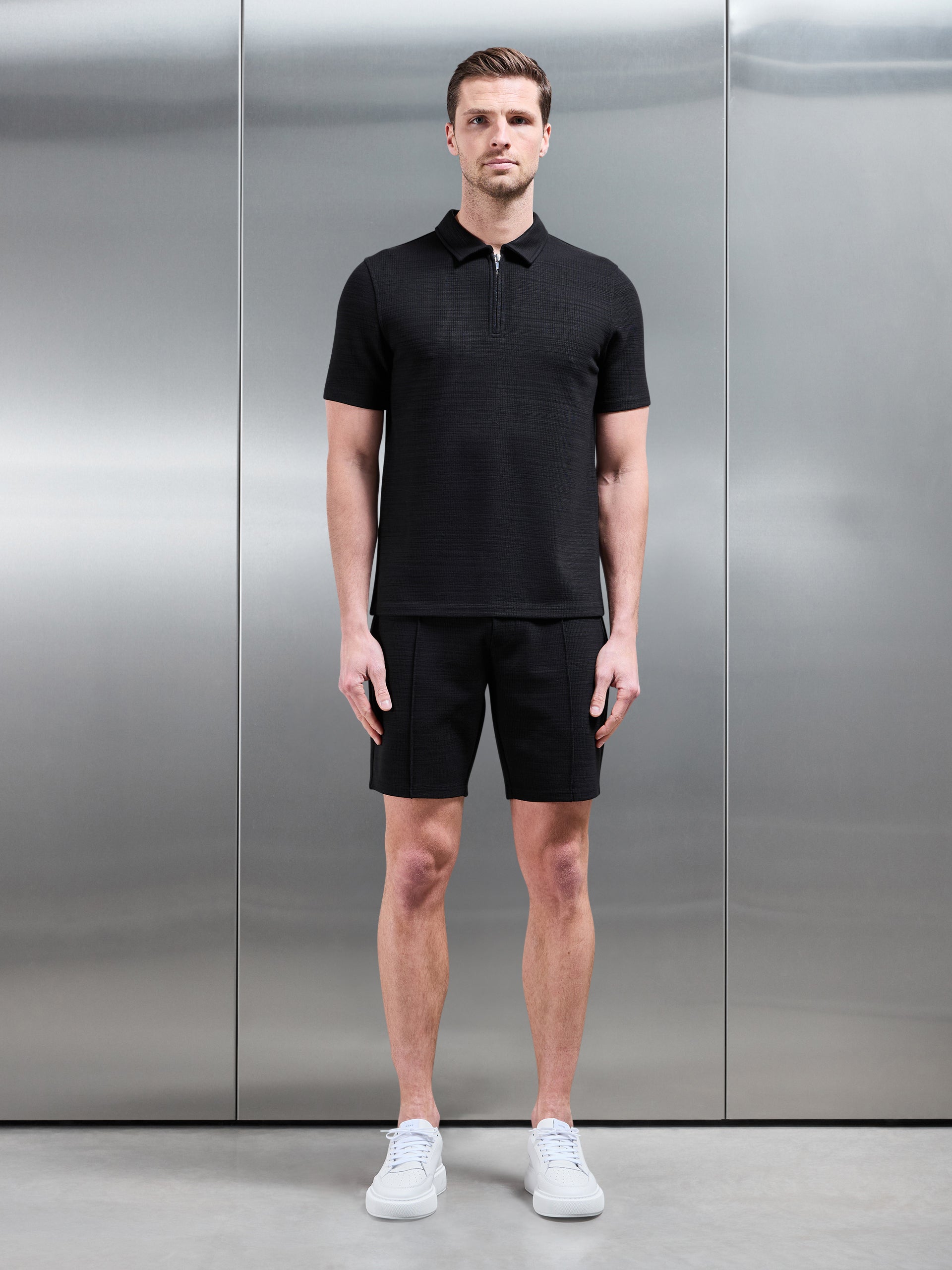 Cavour Textured Zip Polo Shirt in Black