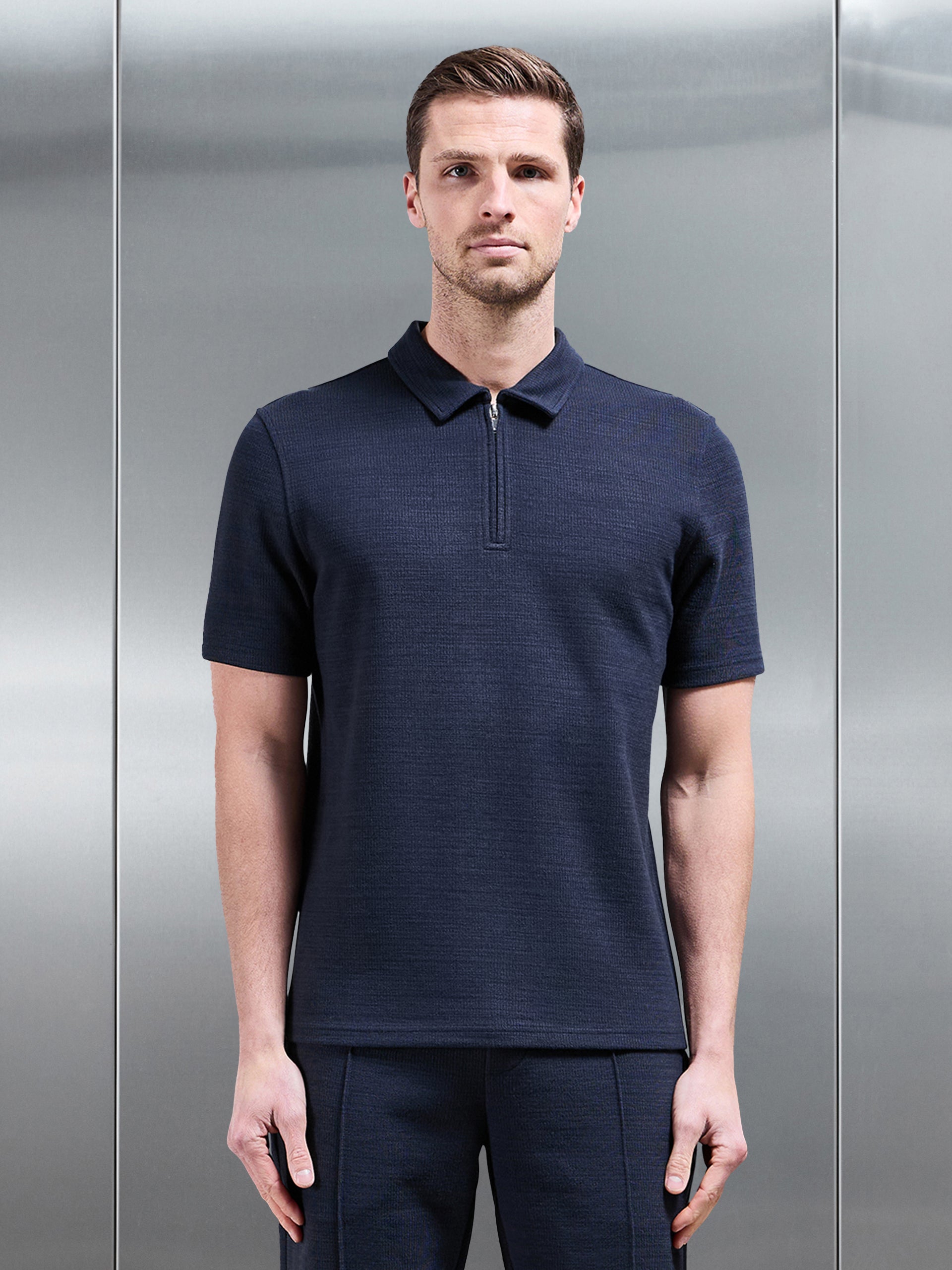 Cavour Textured Zip Polo Shirt in Navy