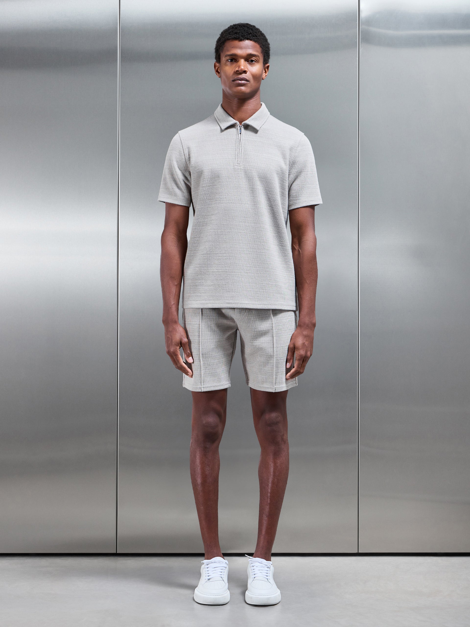 Cavour Textured Zip Polo Shirt in Stone