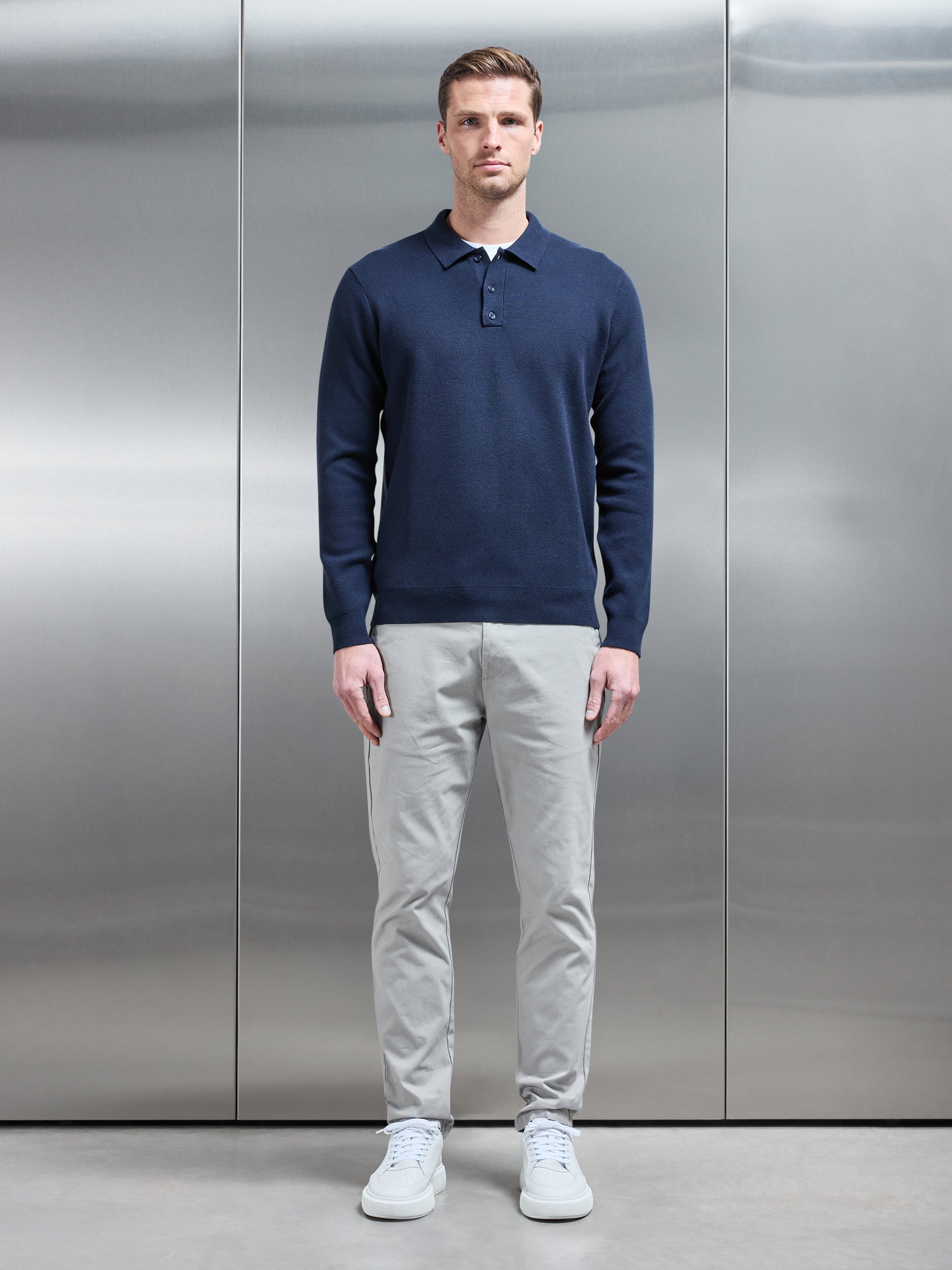 Chunky Knitted Polo Shirt in Navy