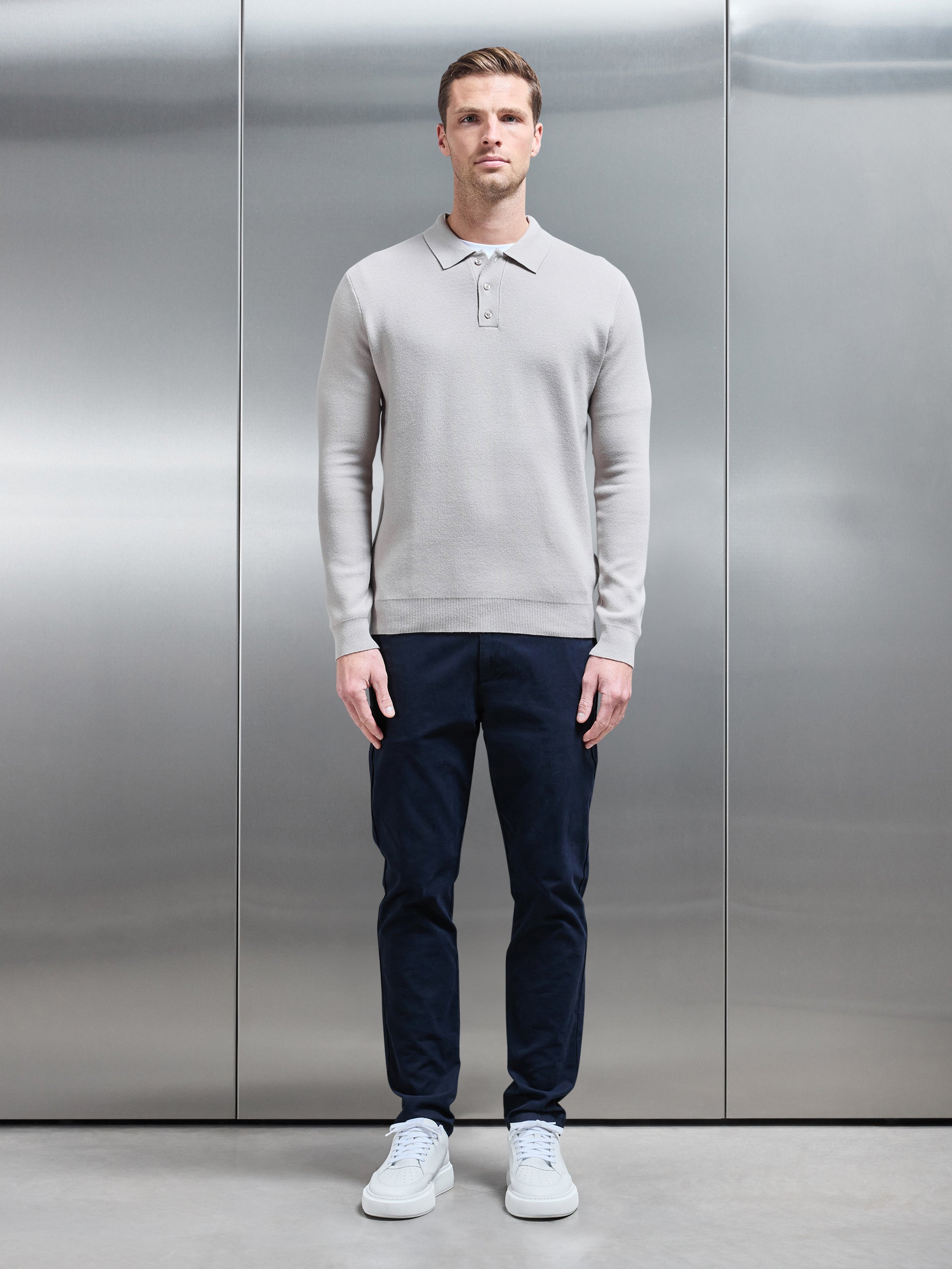 Chunky Knitted Polo Shirt in Stone