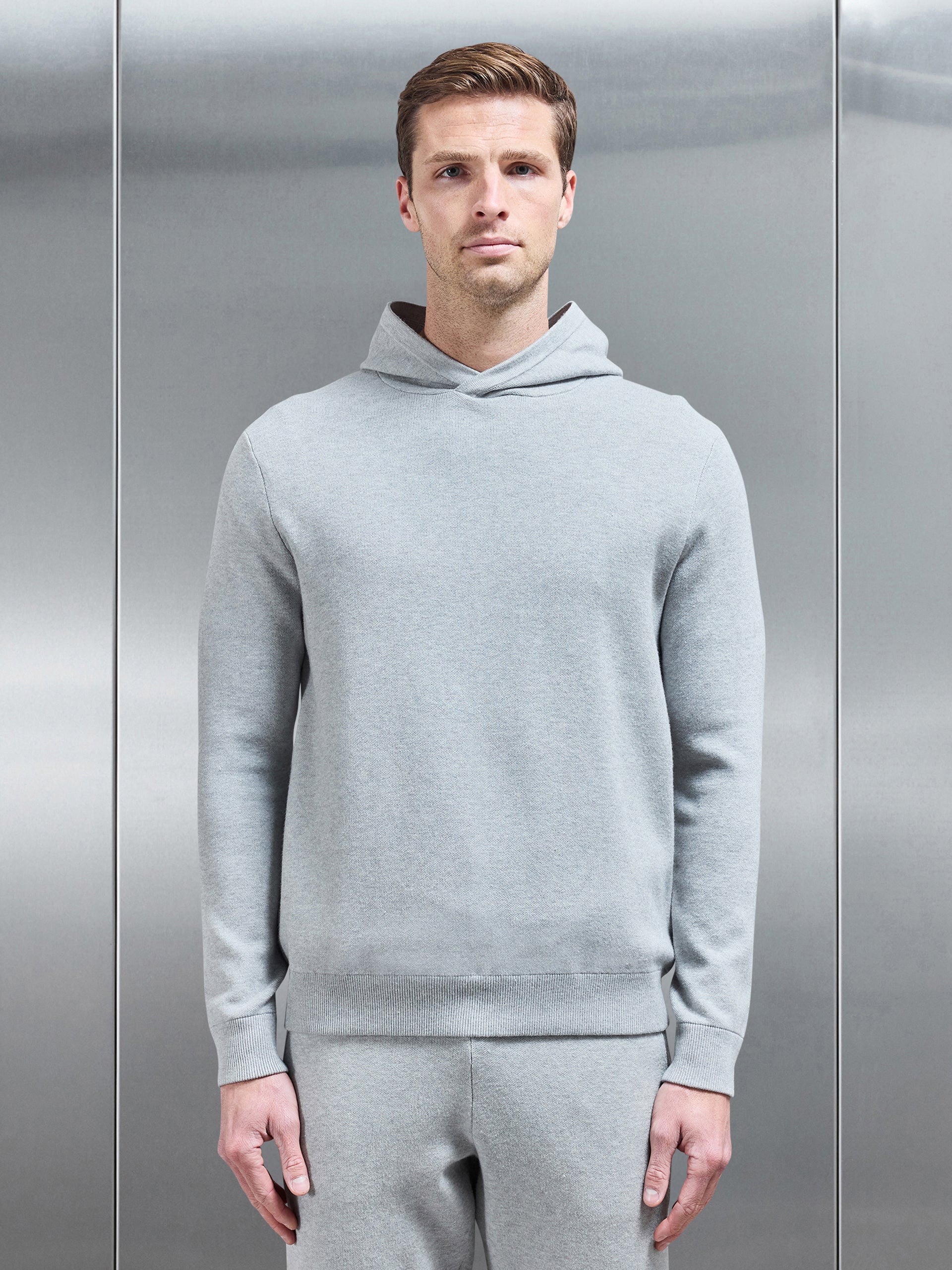 Chunky Knitted Pull Over Hoodie in Marl Grey