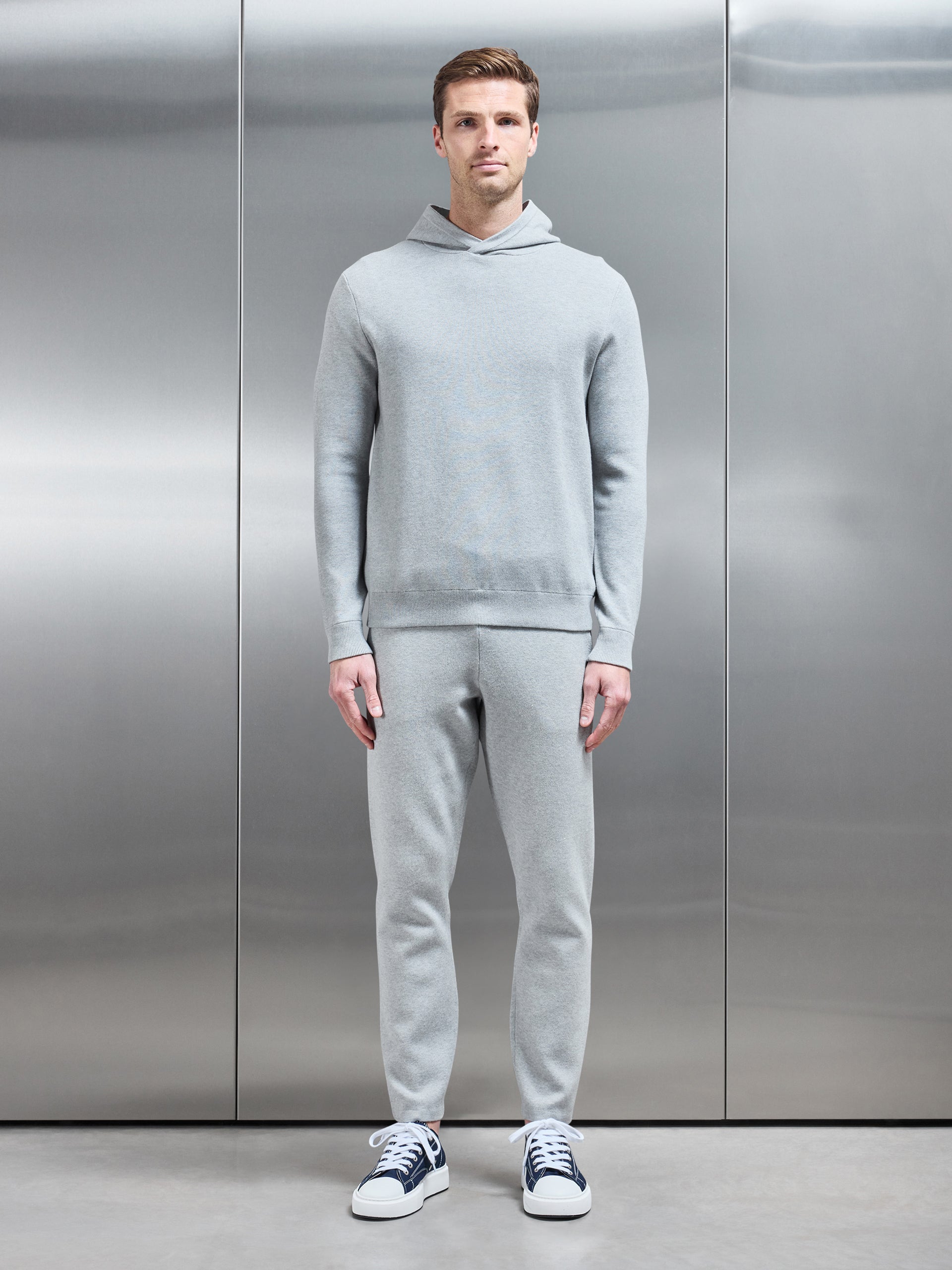 Chunky Knitted Pull Over Hoodie in Marl Grey