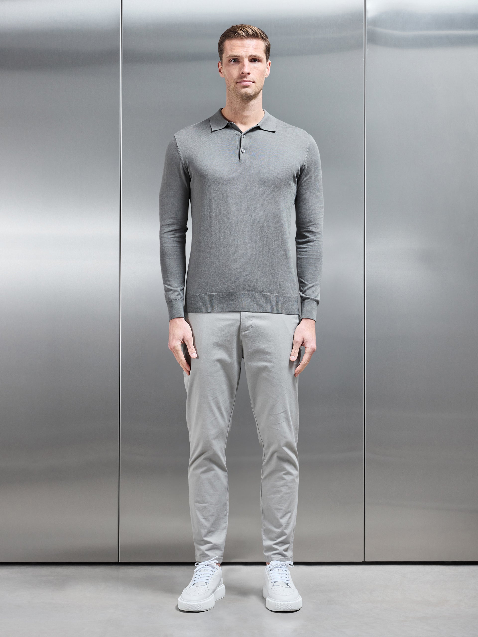 Cotton and Silk Long Sleeve Button Polo Shirt in Sage