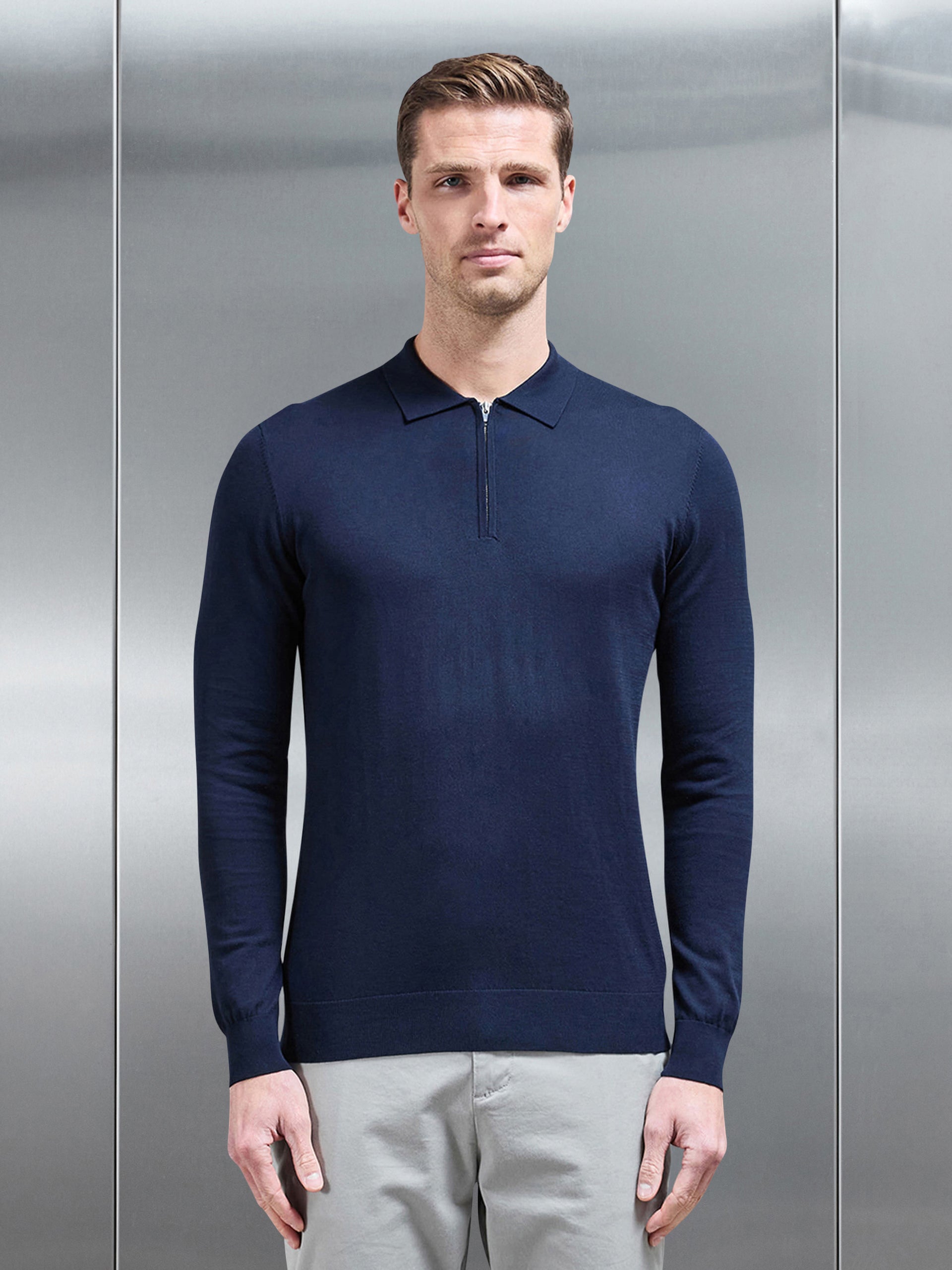 Cotton and Silk Long Sleeve Zip Polo Shirt in Navy
