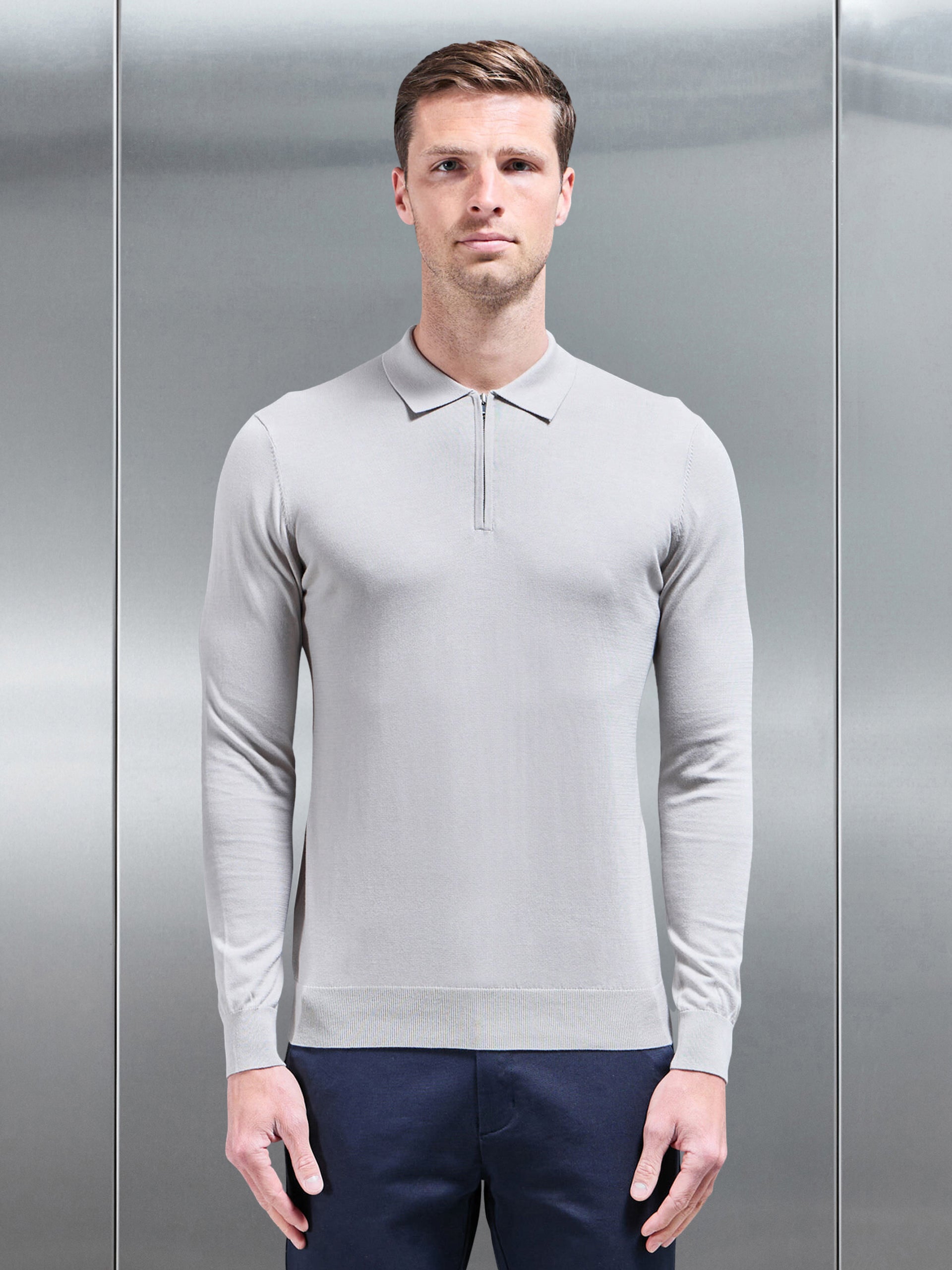Cotton and Silk Long Sleeve Zip Polo Shirt in Stone