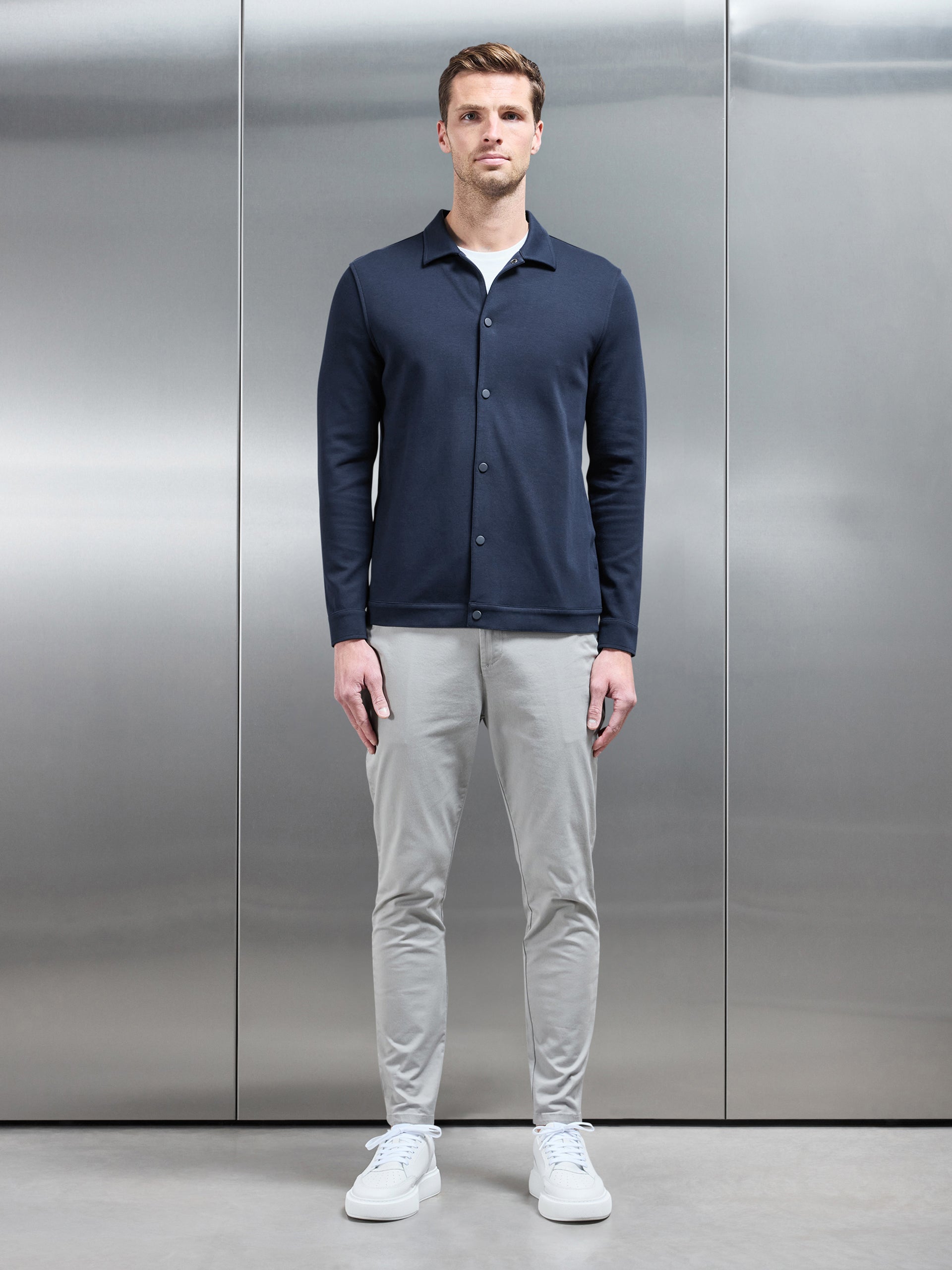 Cotton Jersey Popper Overshirt in Navy