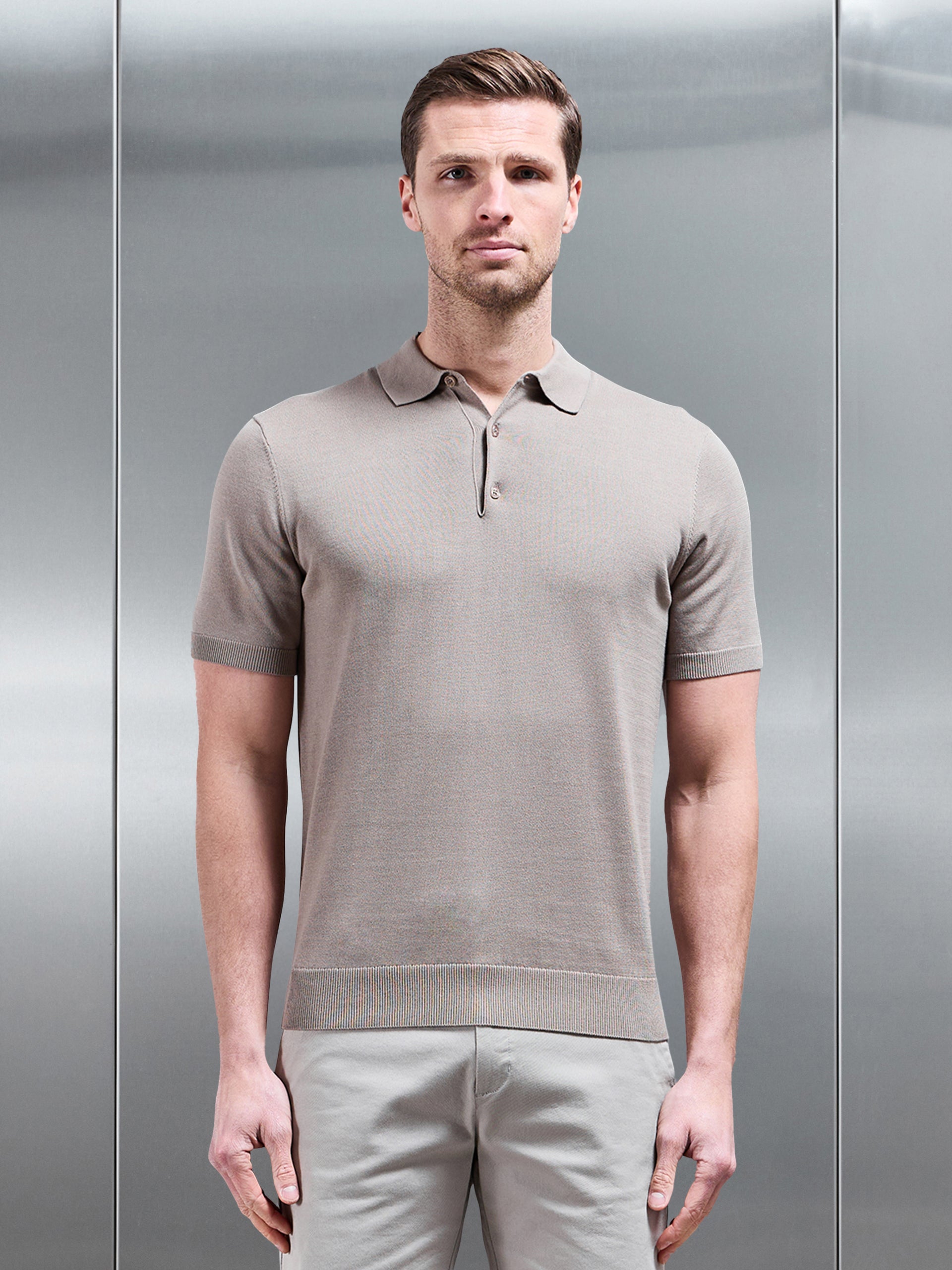 Cotton Knitted Button Polo Shirt in Taupe