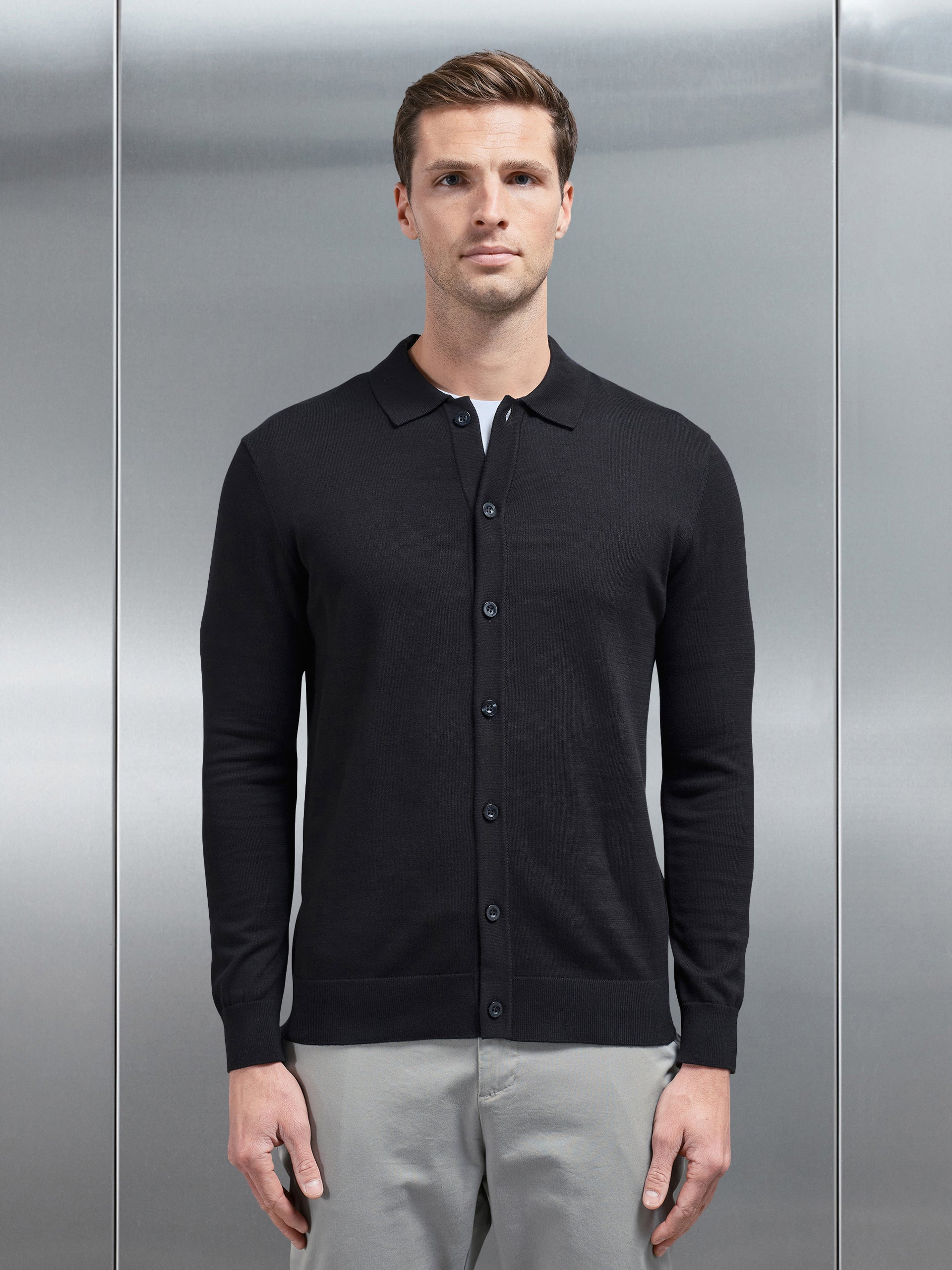 Cotton Knitted Button Through Shirt in Black