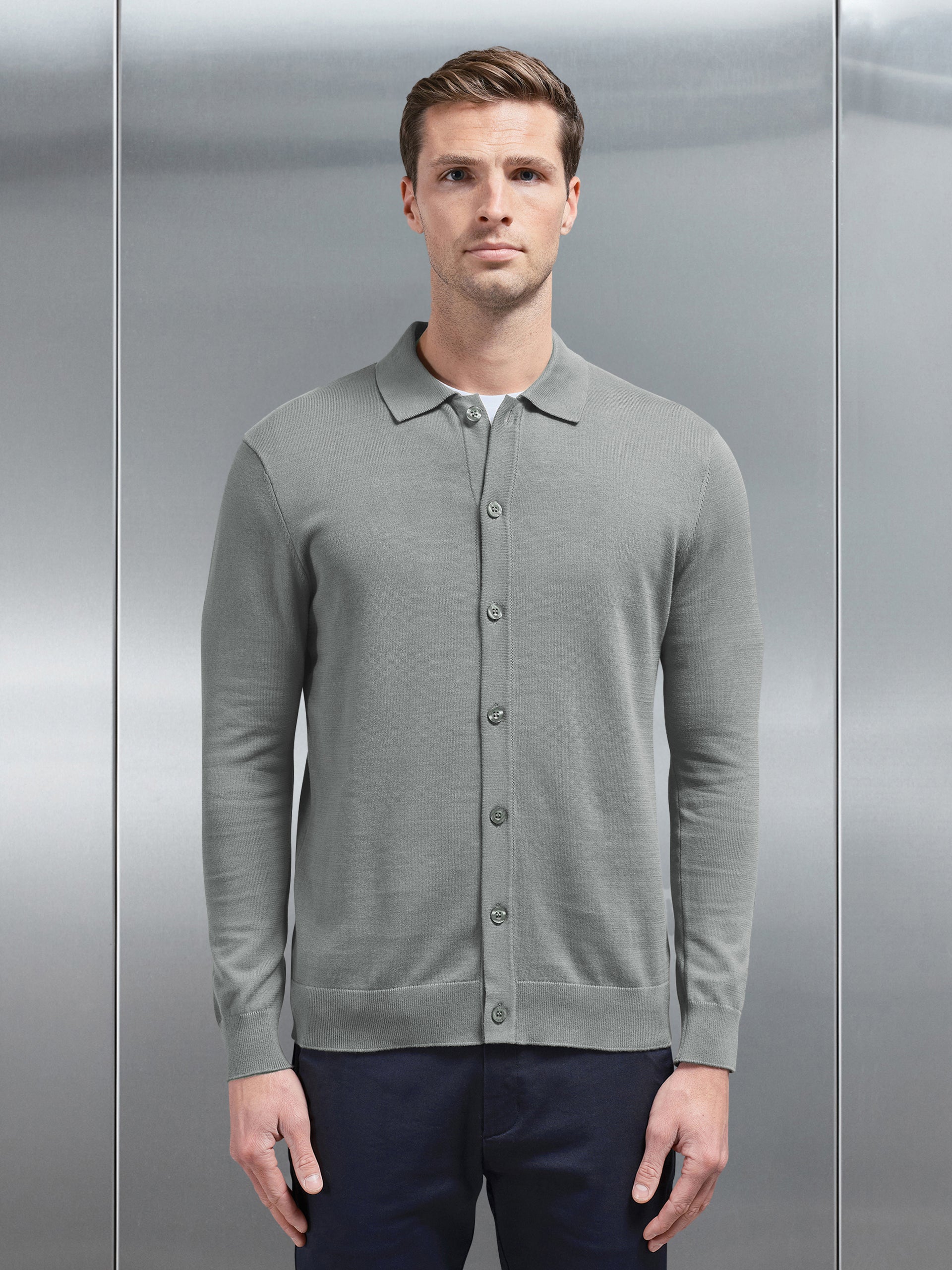 Cotton Knitted Button Through Shirt in Sage