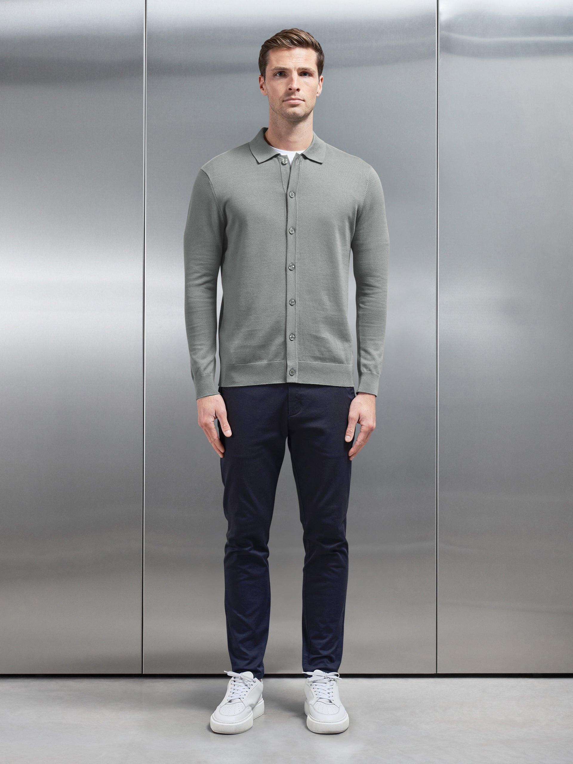 Cotton Knitted Button Through Shirt in Sage