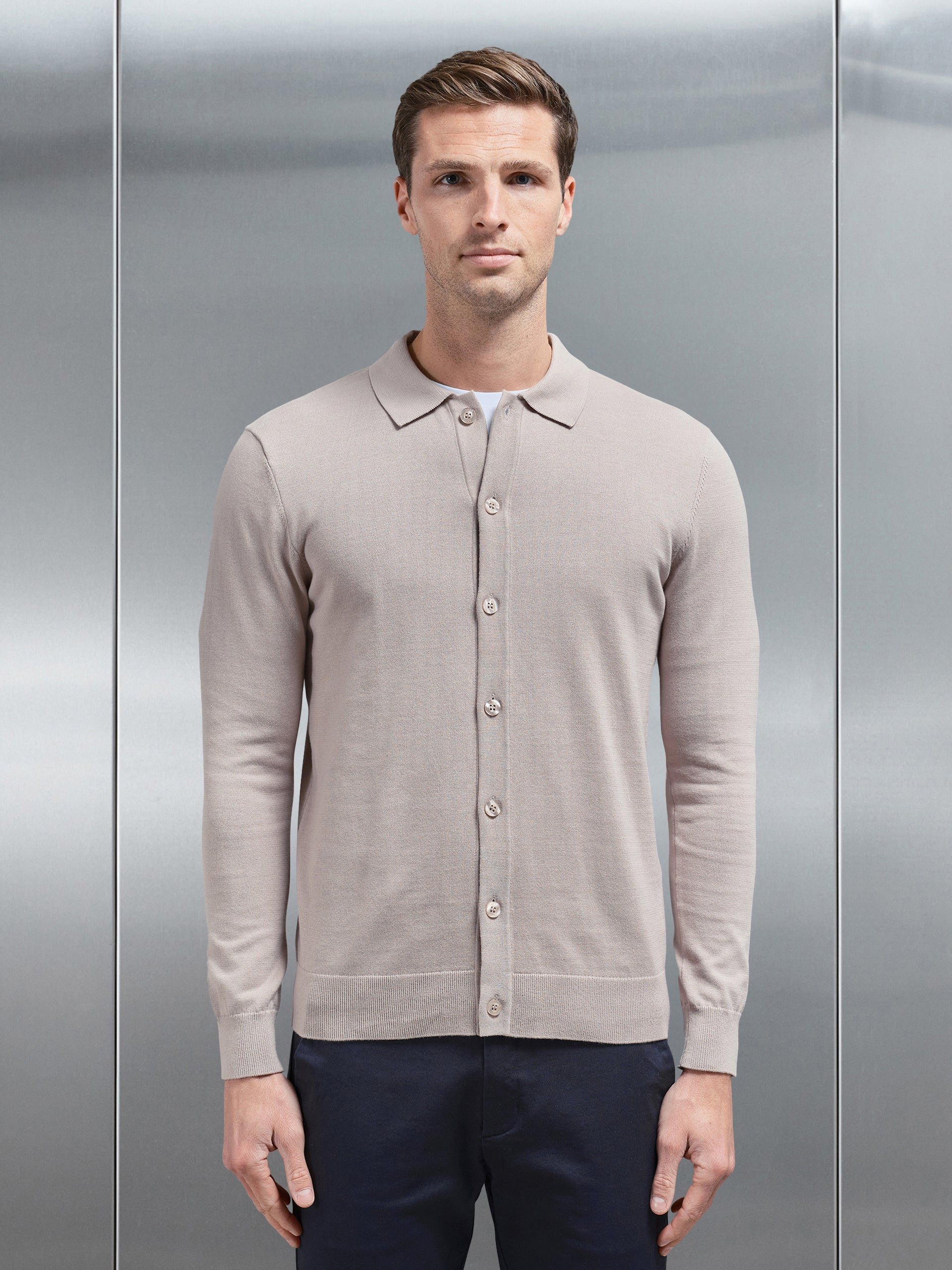 Cotton Knitted Button Through Shirt in Stone