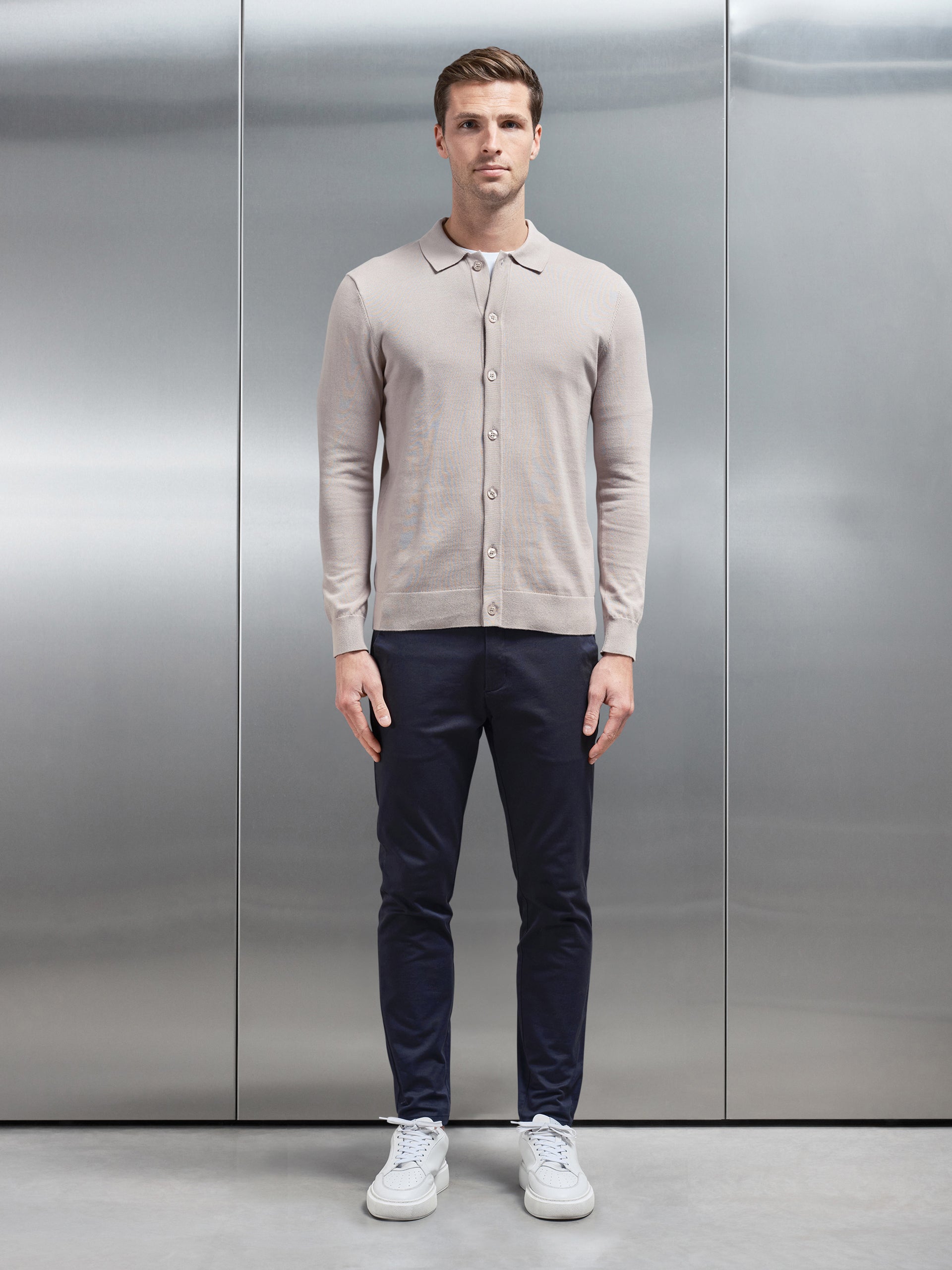 Cotton Knitted Button Through Shirt in Stone