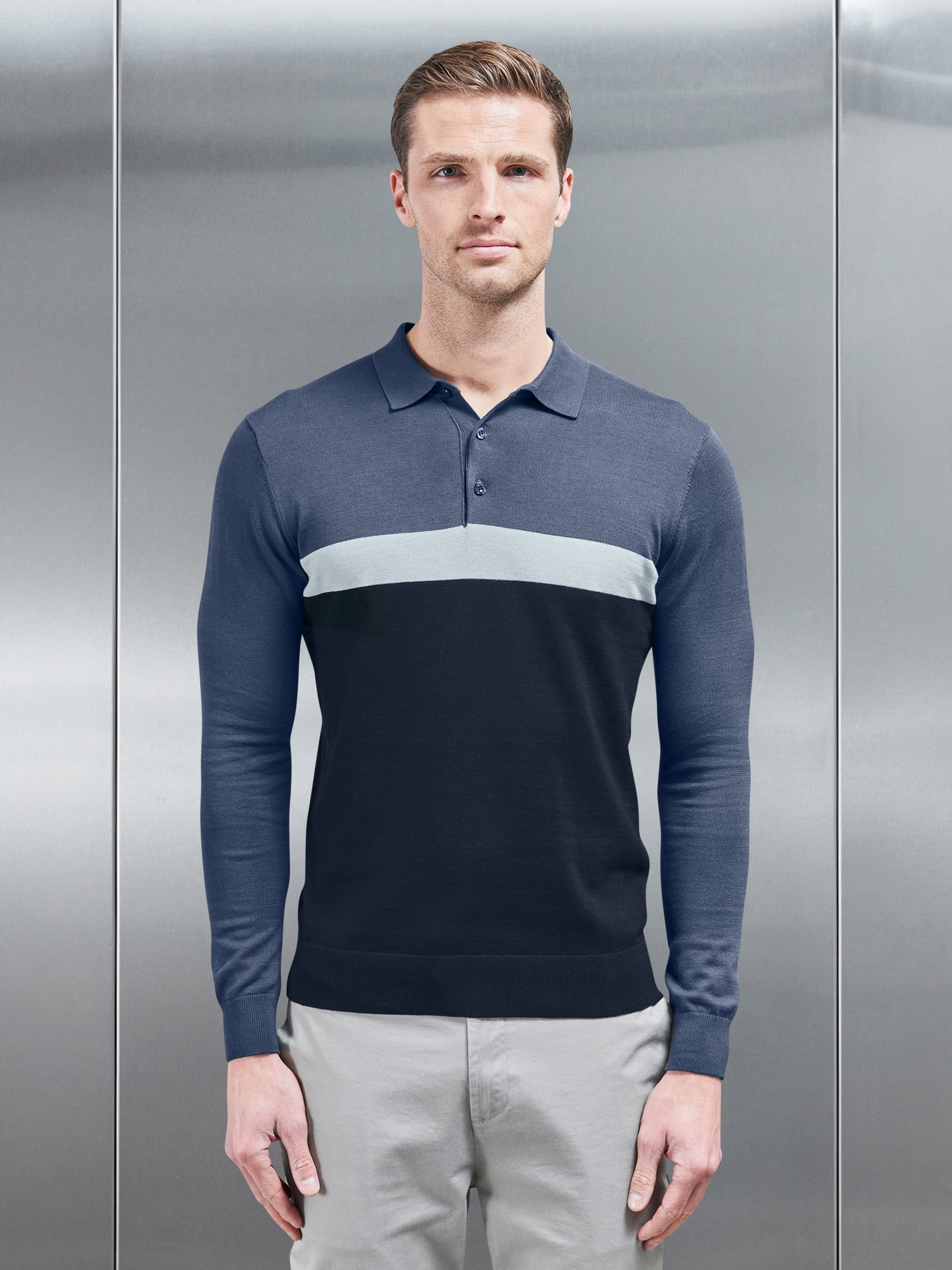 Cotton Knitted Colour Block Polo Shirt in Navy