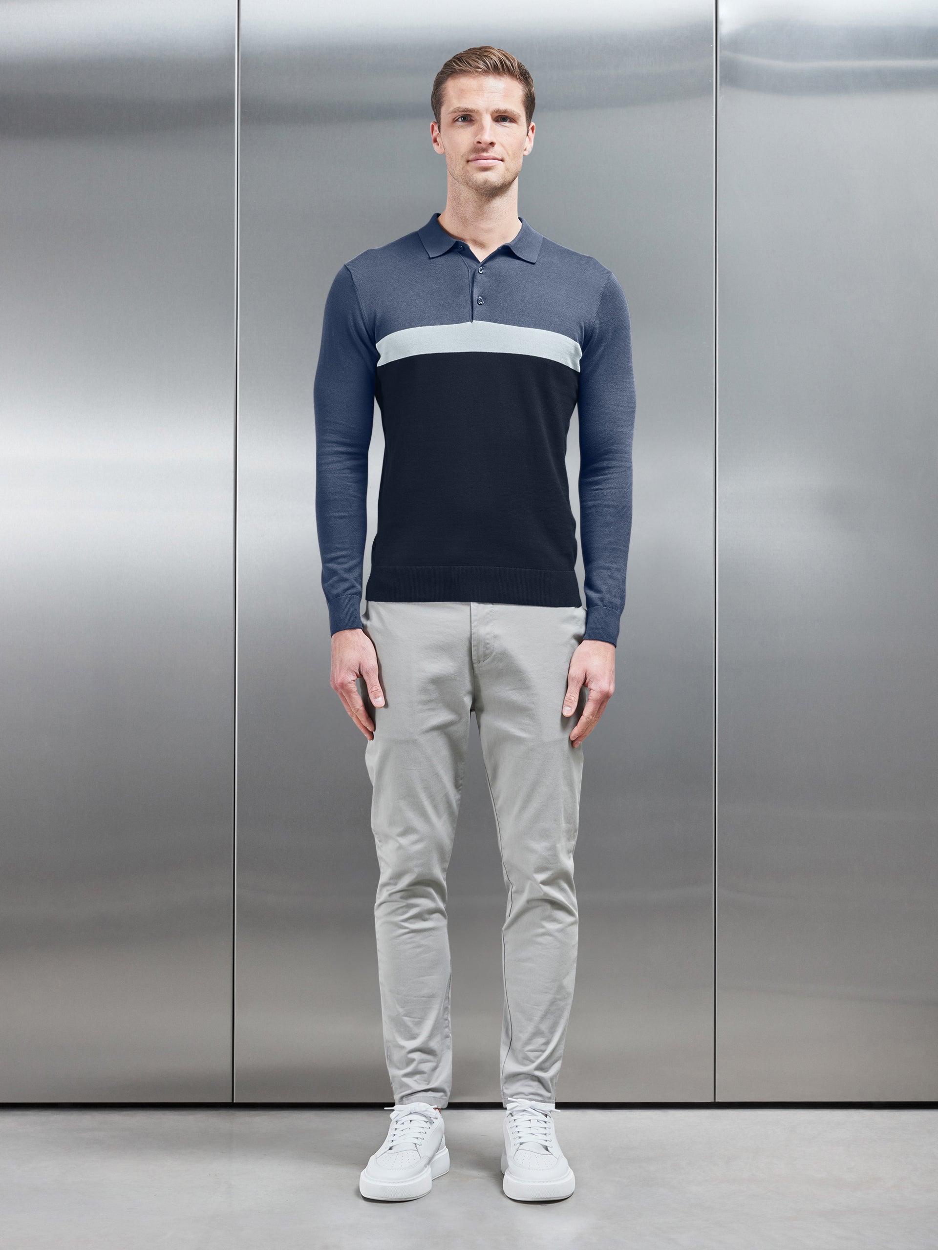 Cotton Knitted Colour Block Polo Shirt in Navy