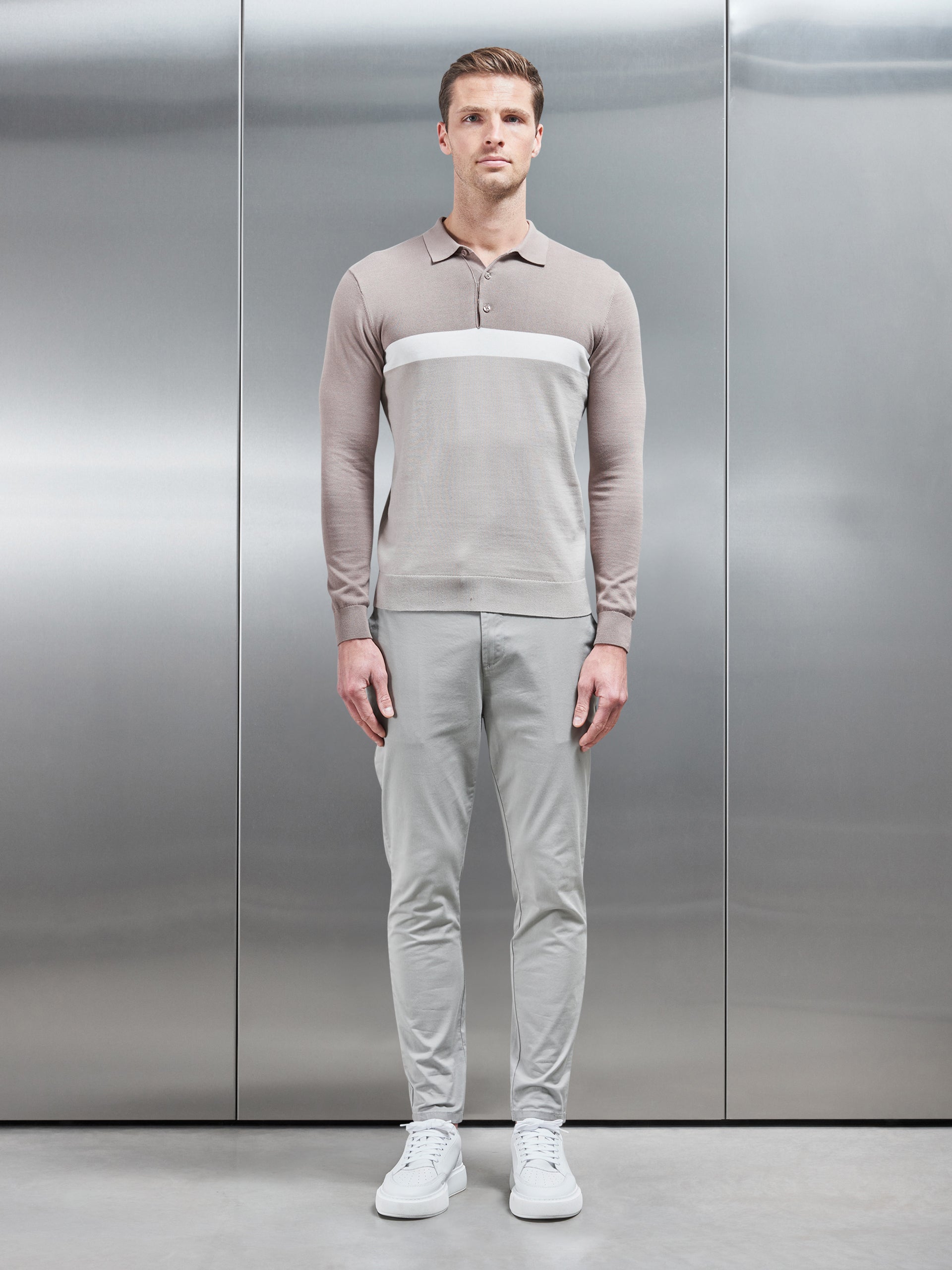 Cotton Knitted Colour Block Polo Shirt in Taupe