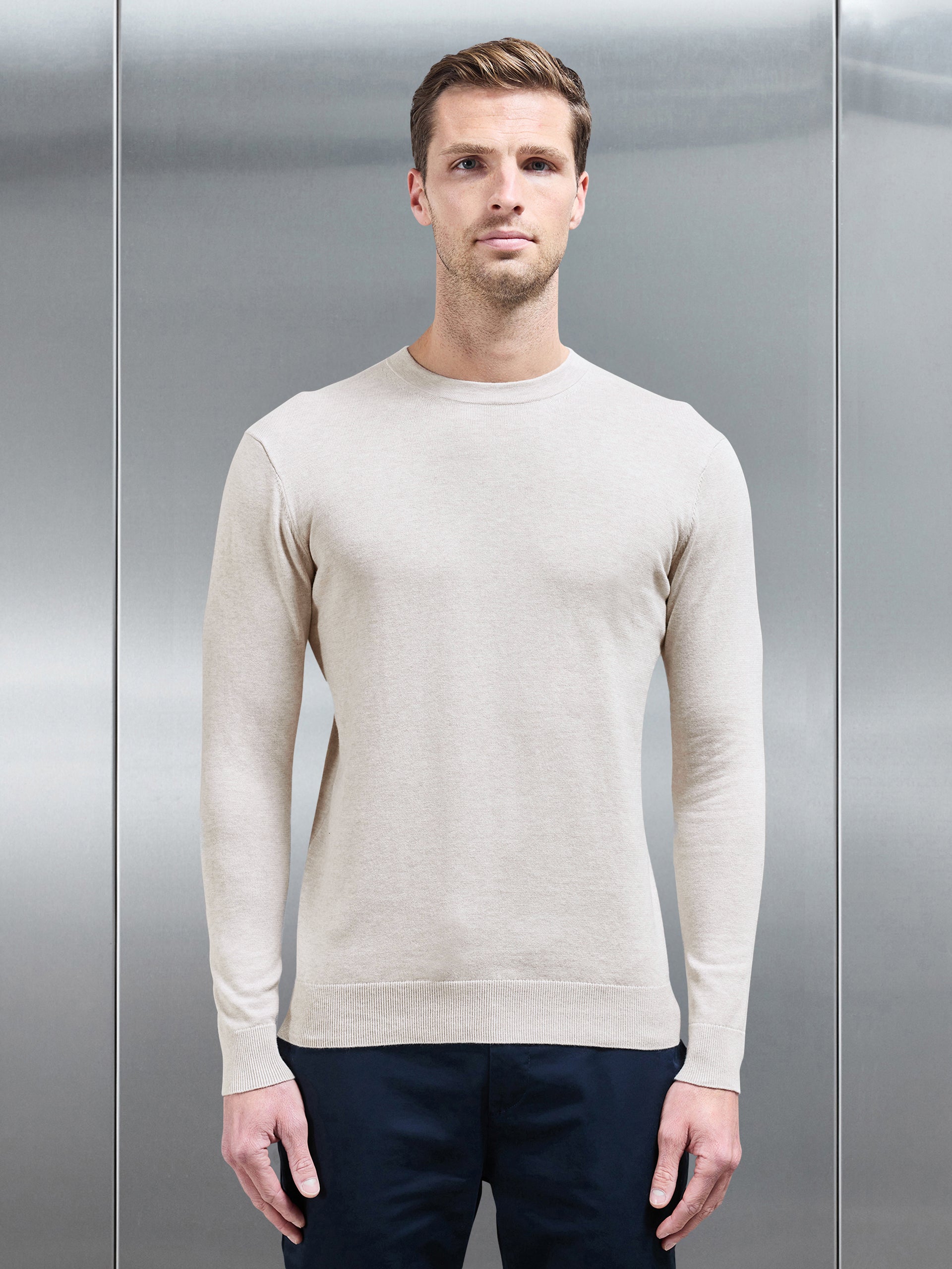 Cotton Knitted Crew Neck Sweatshirt in Stone