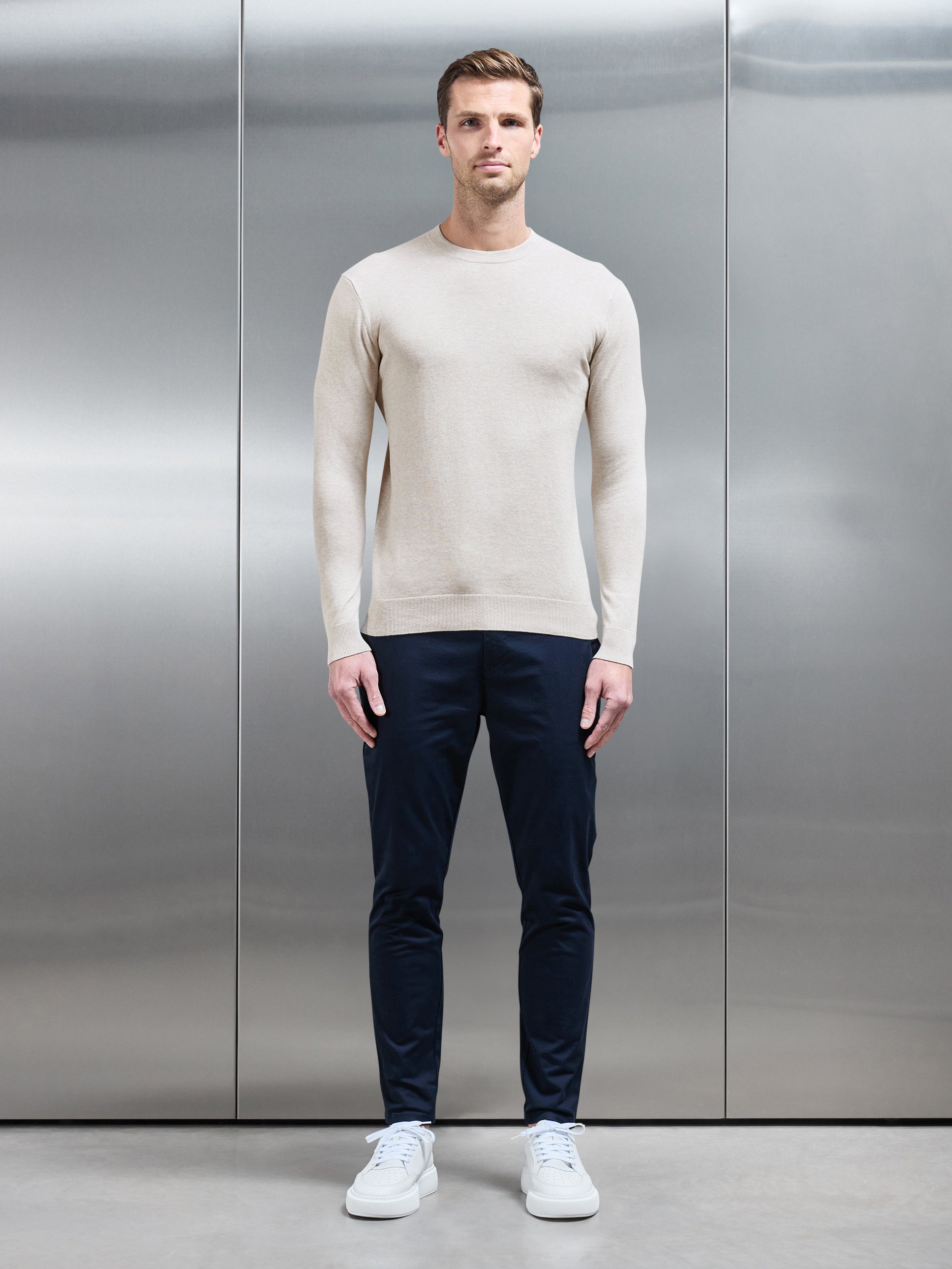 Cotton Knitted Crew Neck Sweatshirt in Stone