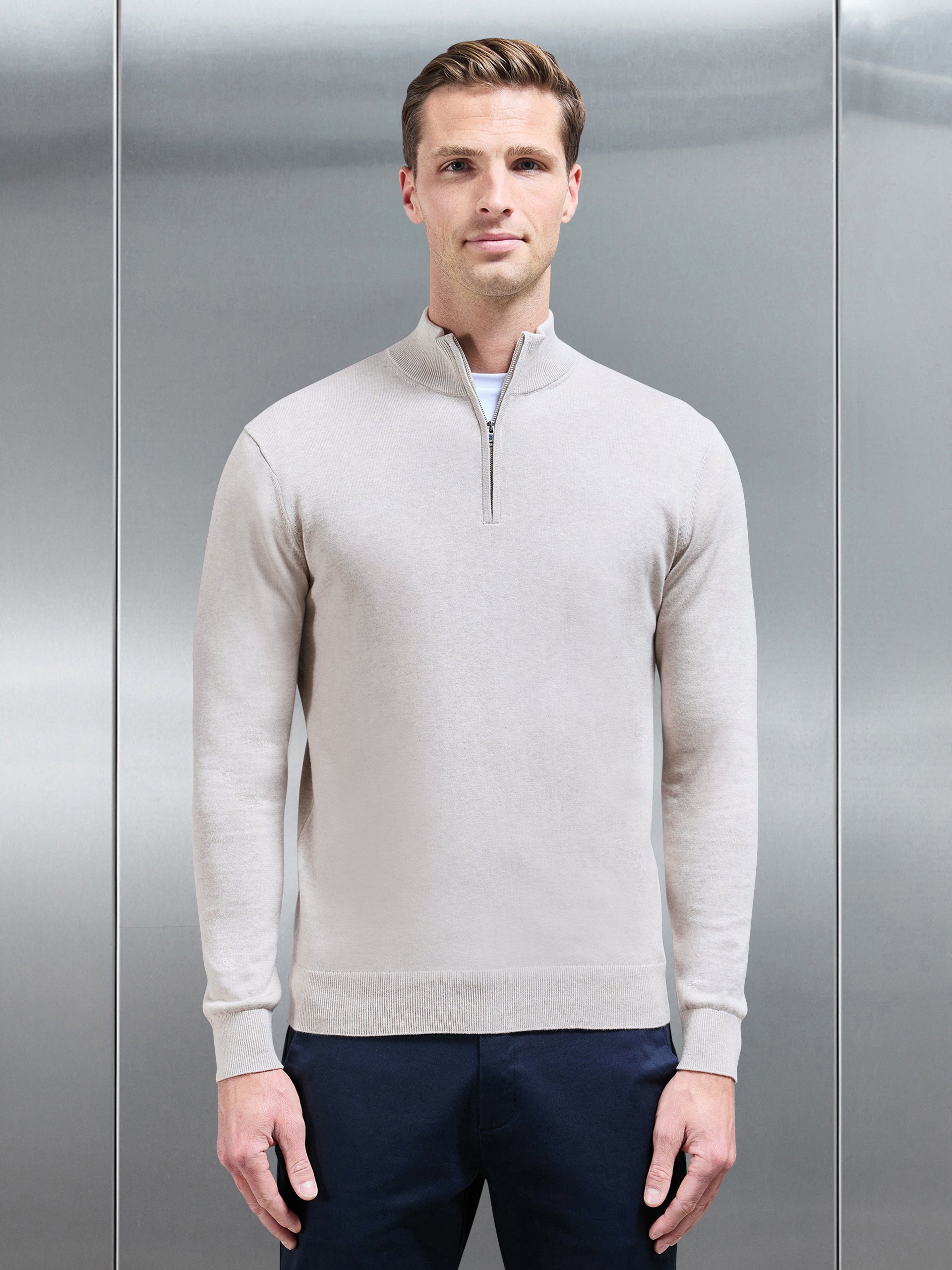 Cotton Knitted Half Zip Funnel Neck Jumper in Oatmeal