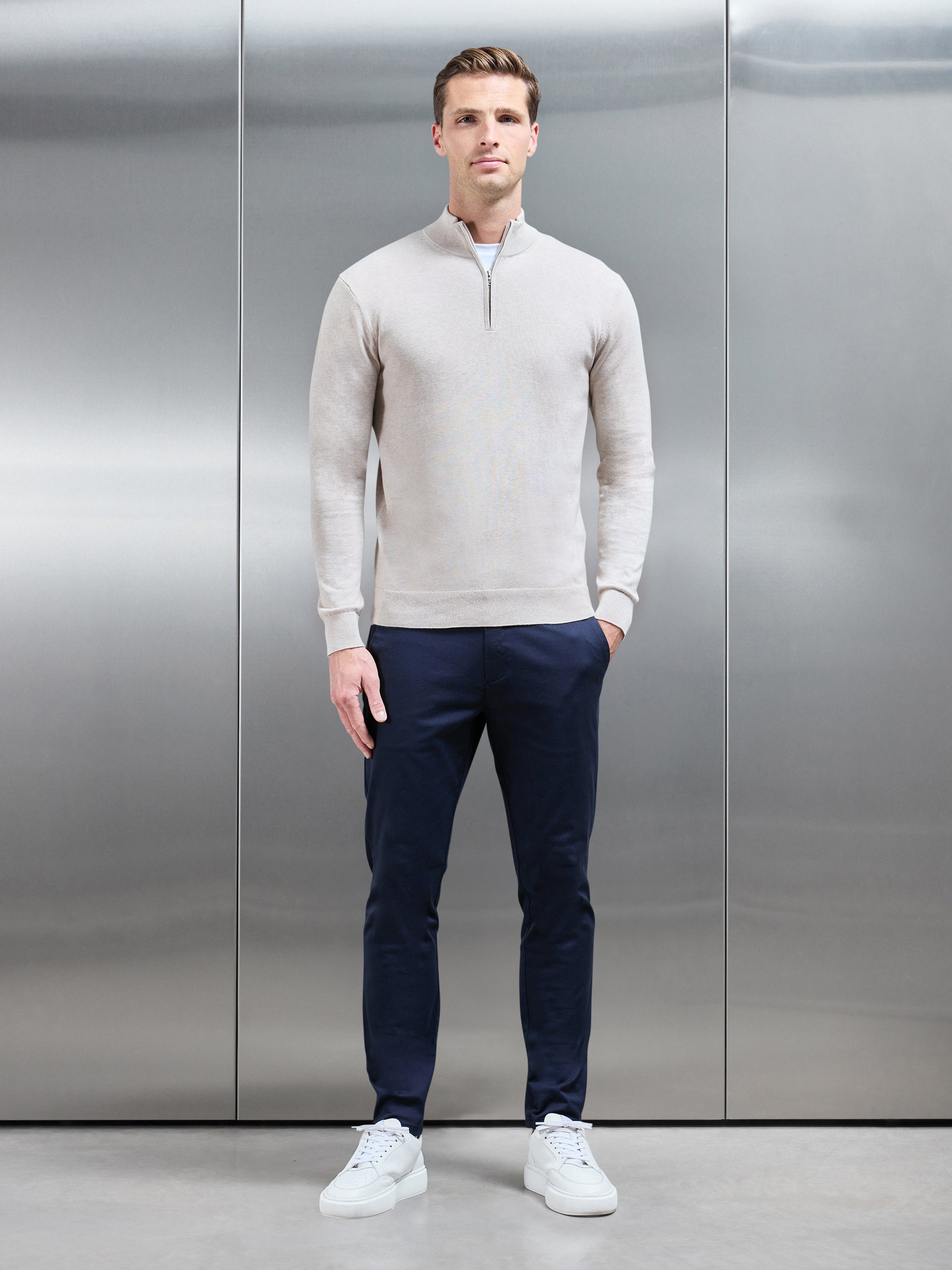 Cotton Knitted Half Zip Funnel Neck Jumper in Oatmeal