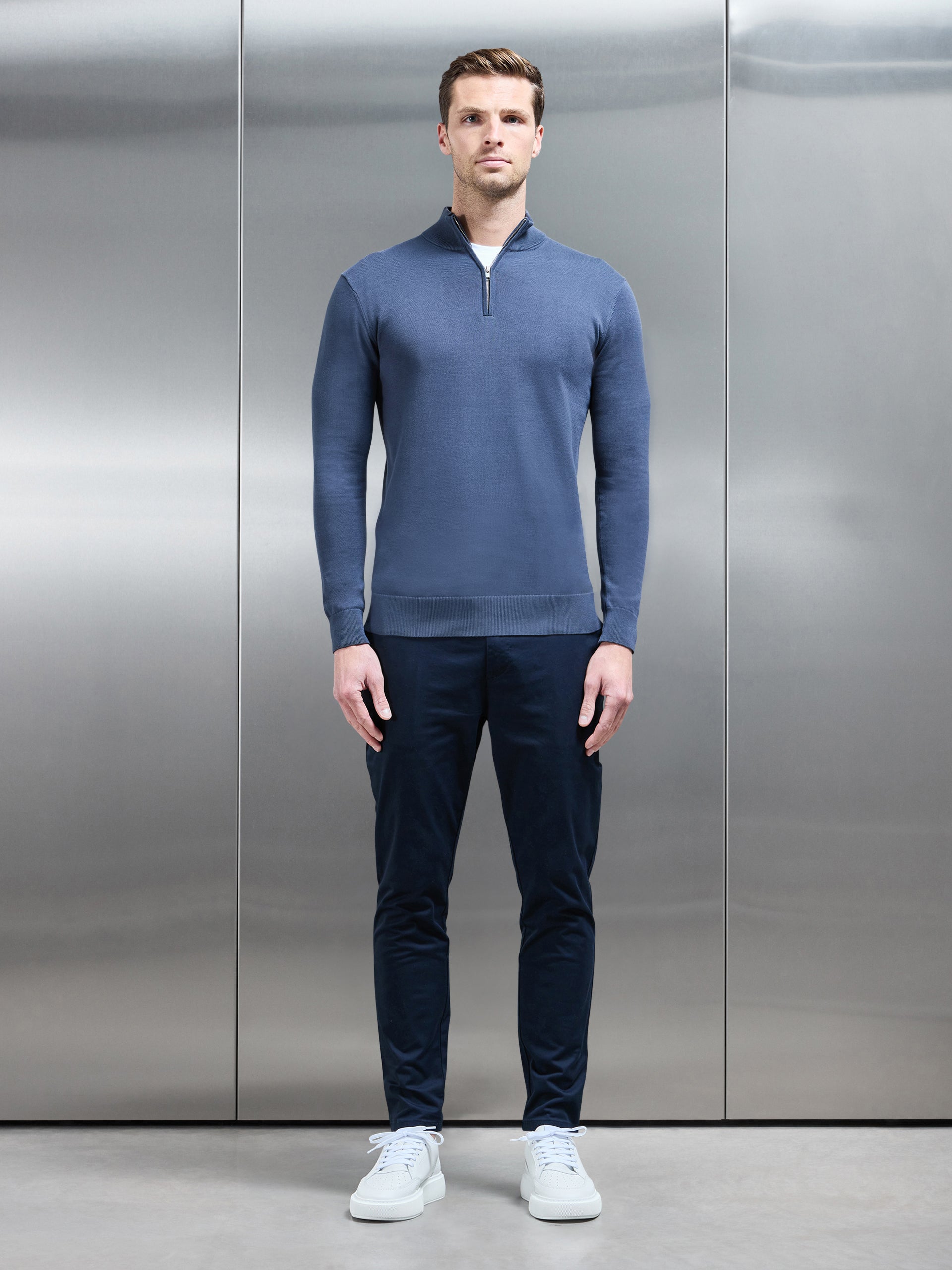 Cotton Knitted Half Zip Funnel Neck Jumper in Slate Blue