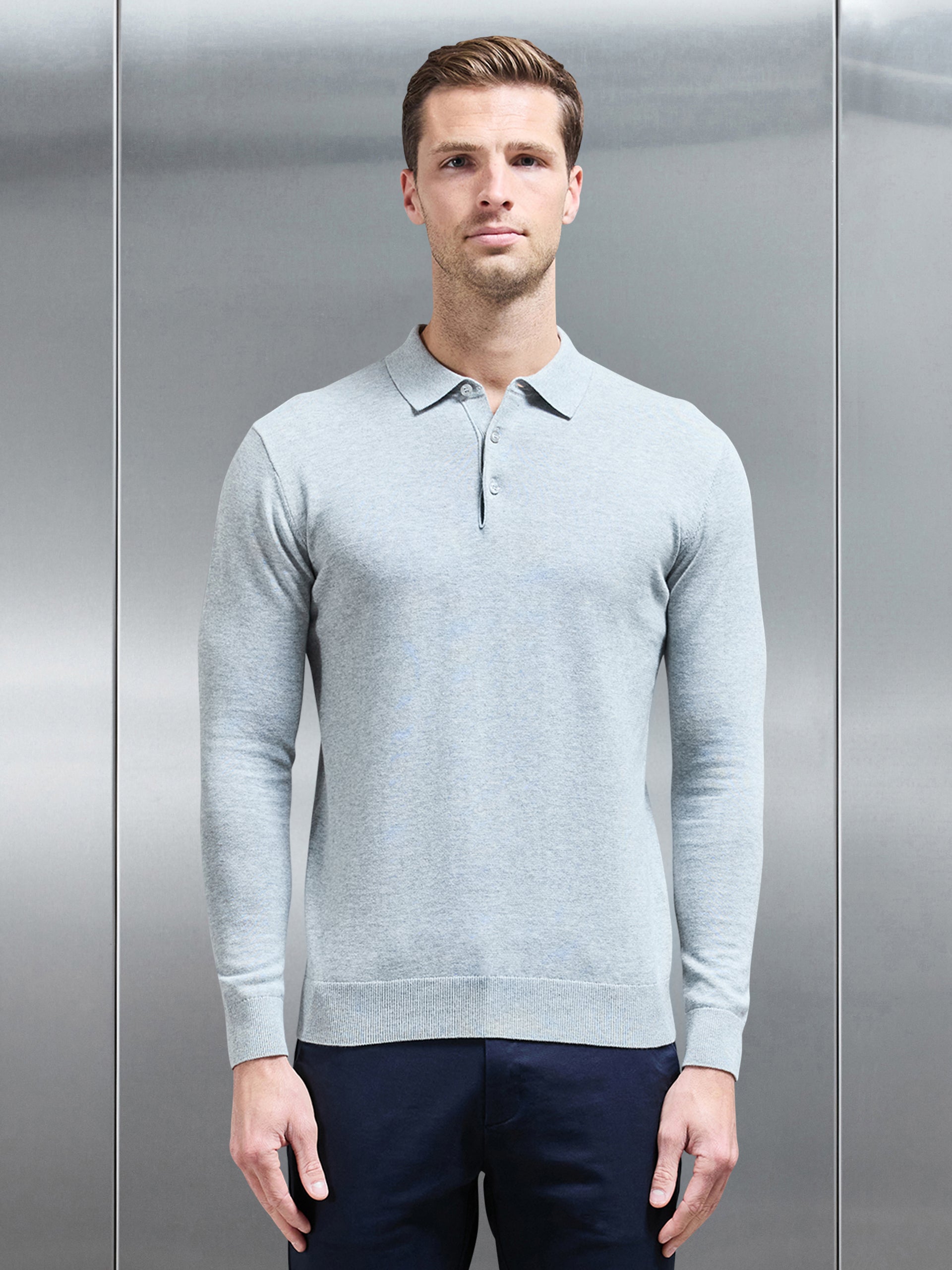 Cotton Knitted Long Sleeve Button Polo Shirt in Marl Grey