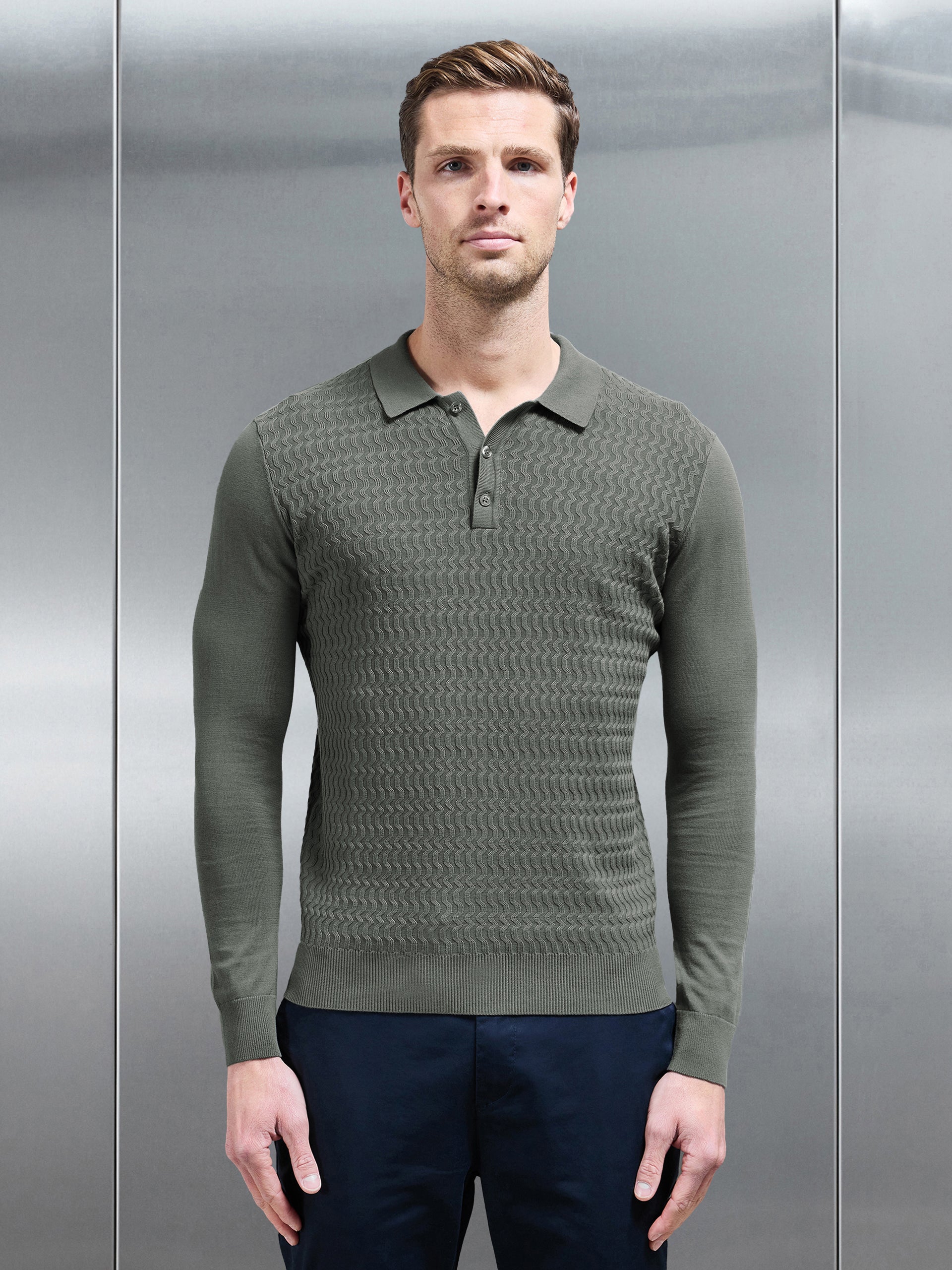 Cotton Knitted Long Sleeve Textured Polo Shirt in Sage
