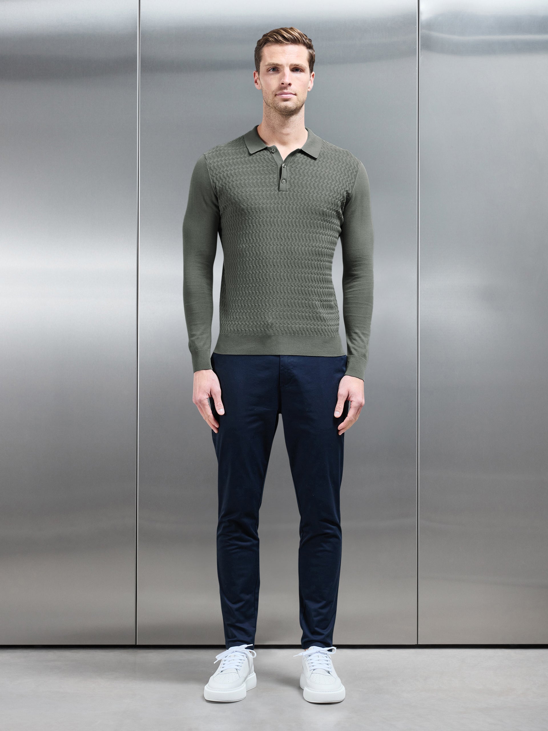 Cotton Knitted Long Sleeve Textured Polo Shirt in Sage