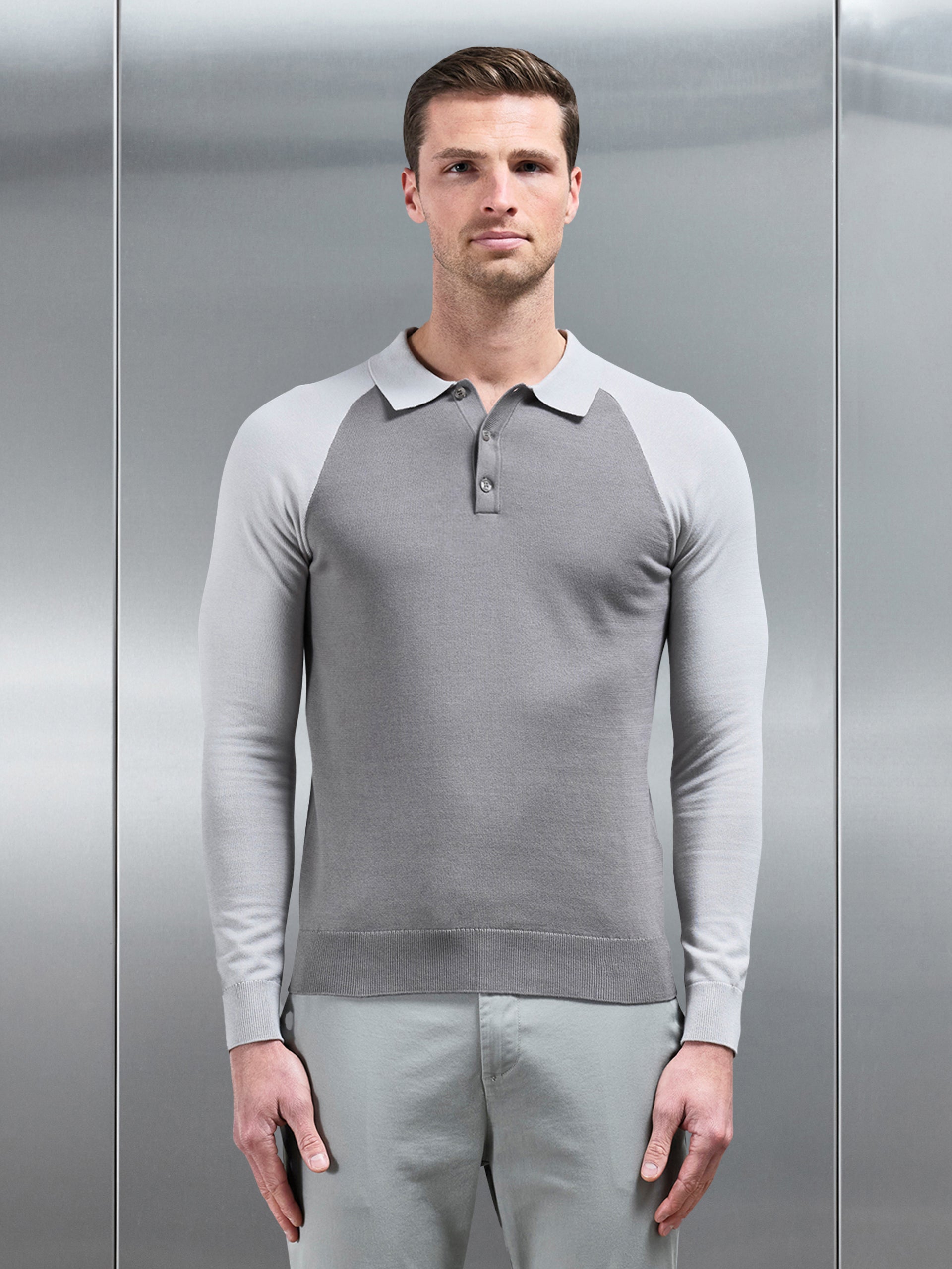 Cotton Knitted Raglan Polo Shirt in Grey