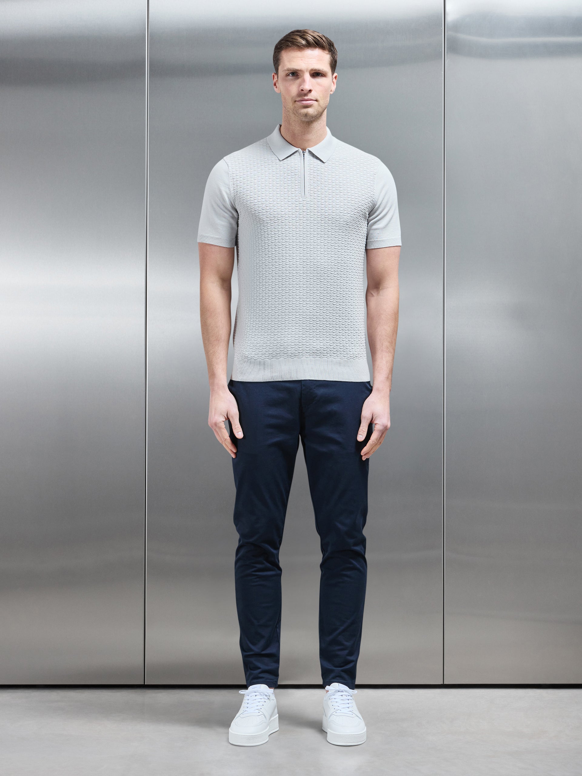 Cotton Knitted Textured Zip Polo Shirt in Mid Grey