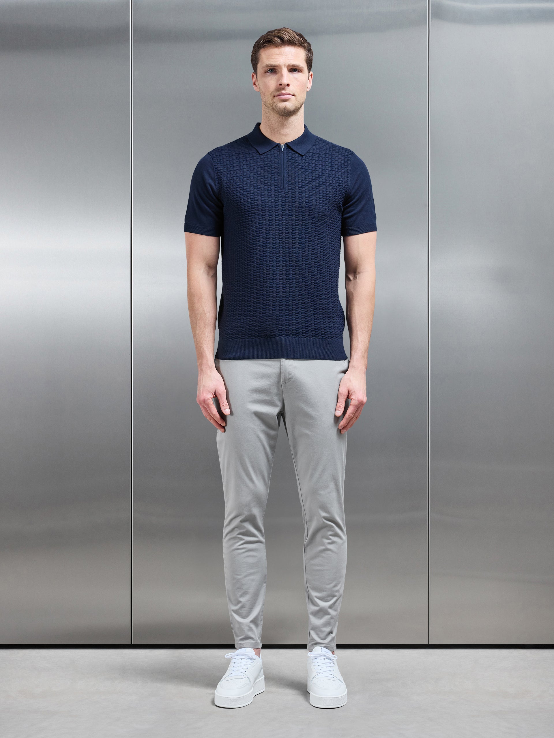 Cotton Knitted Textured Zip Polo Shirt in Navy