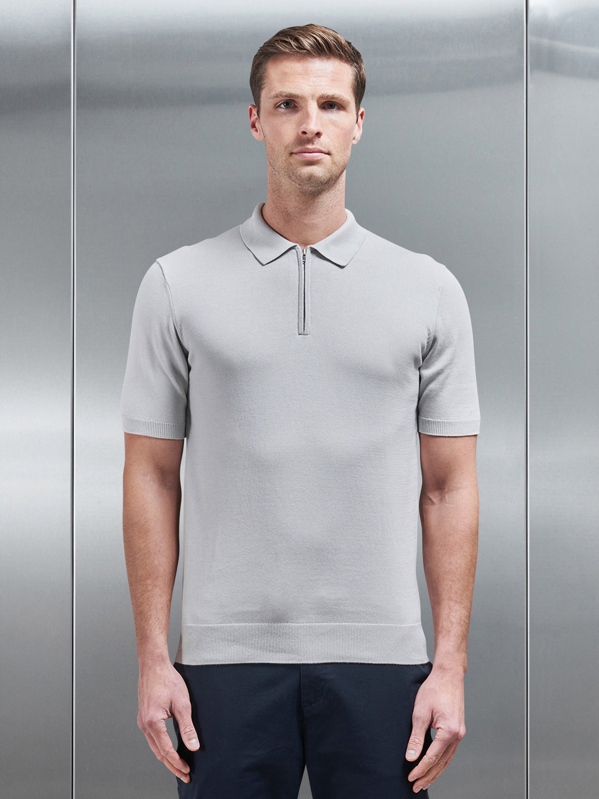Cotton Knitted Zip Polo Shirt in Mid Grey