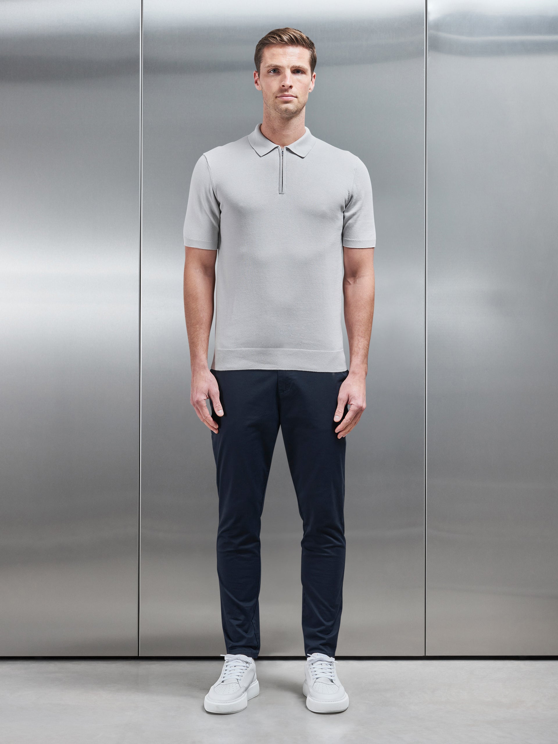Cotton Knitted Zip Polo Shirt in Mid Grey
