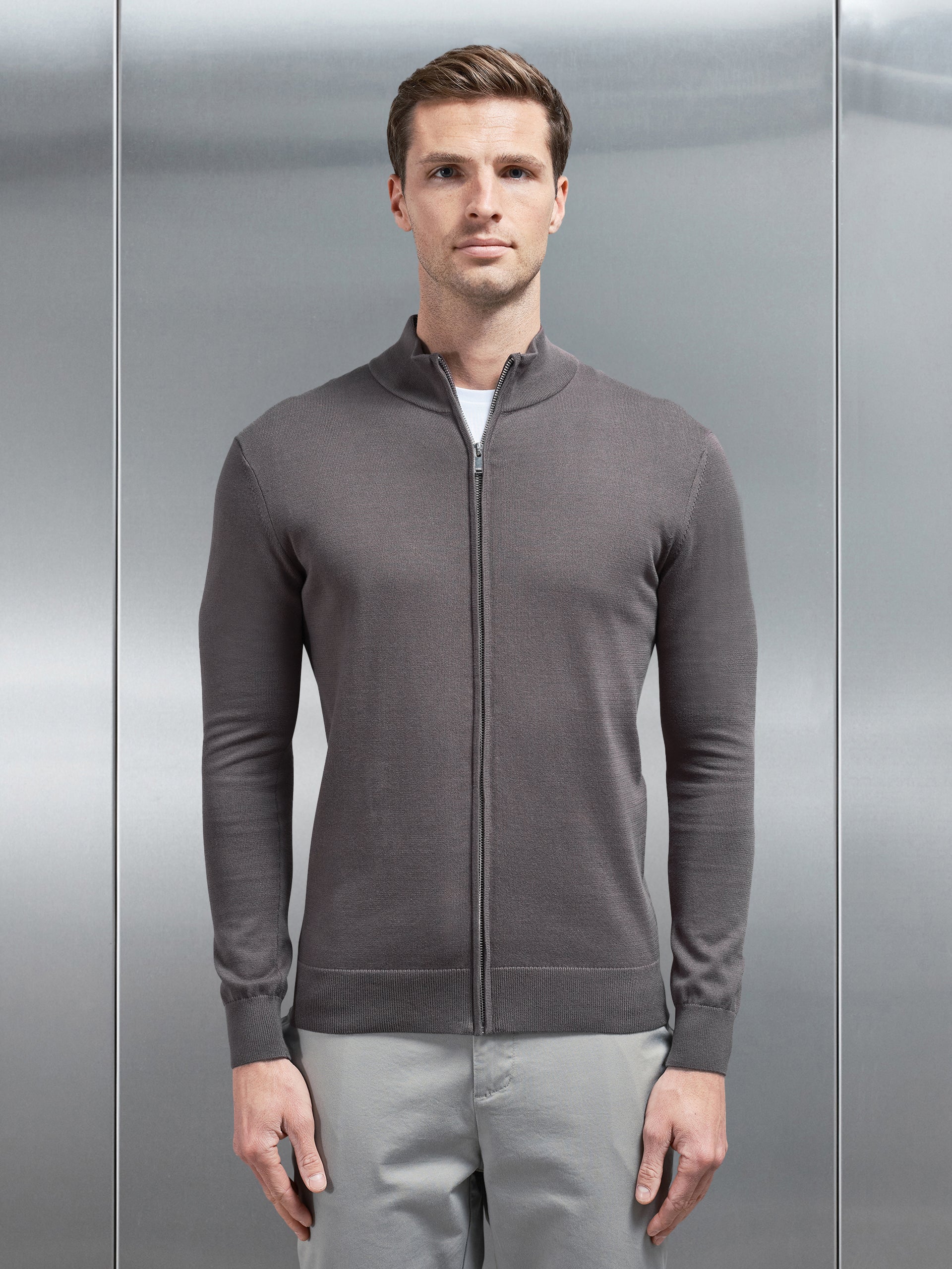 Cotton Knitted Zip Through Jacket in Grey