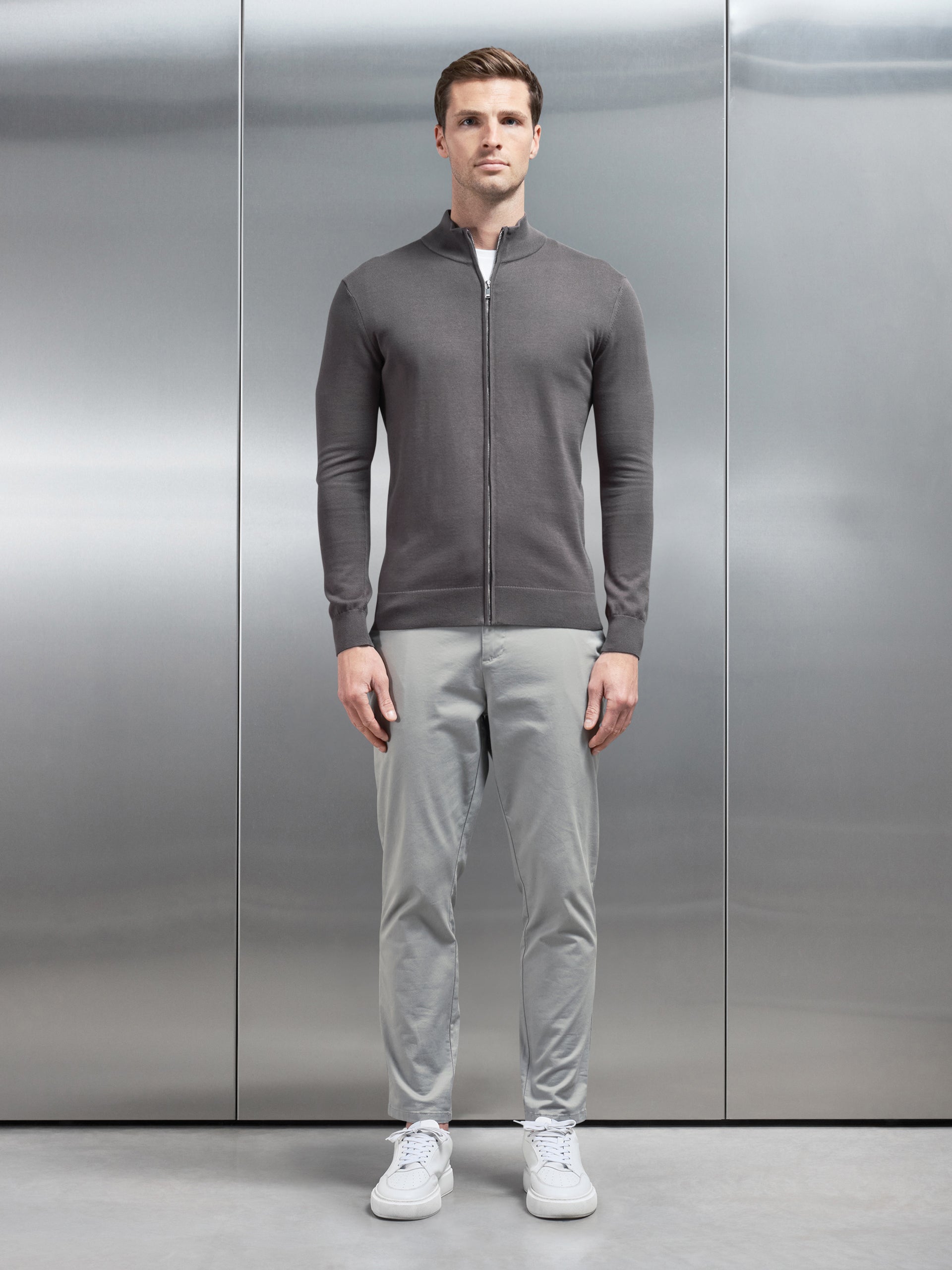Cotton Knitted Zip Through Jacket in Grey