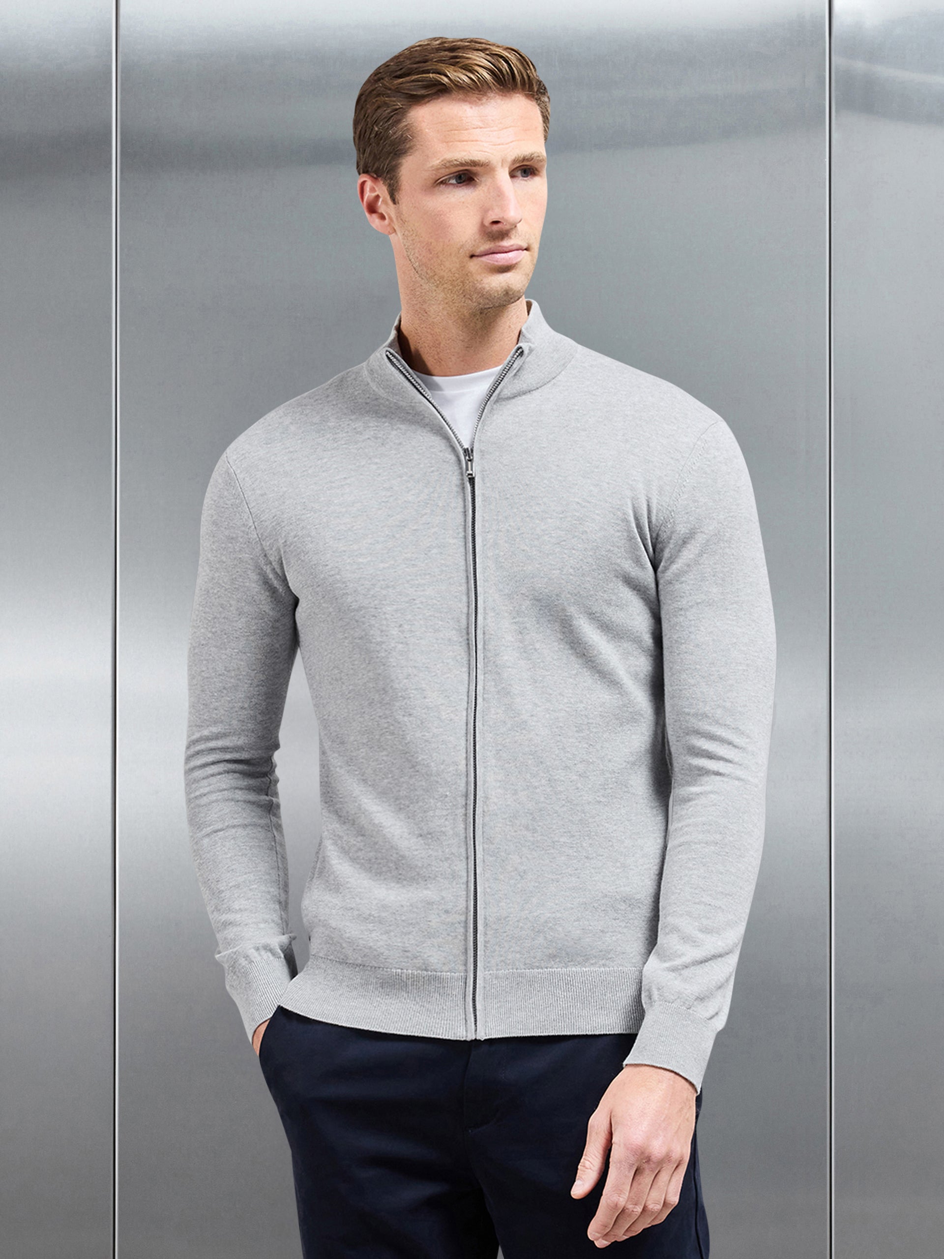 Cotton Knitted Zip Through Jacket in Marl Grey