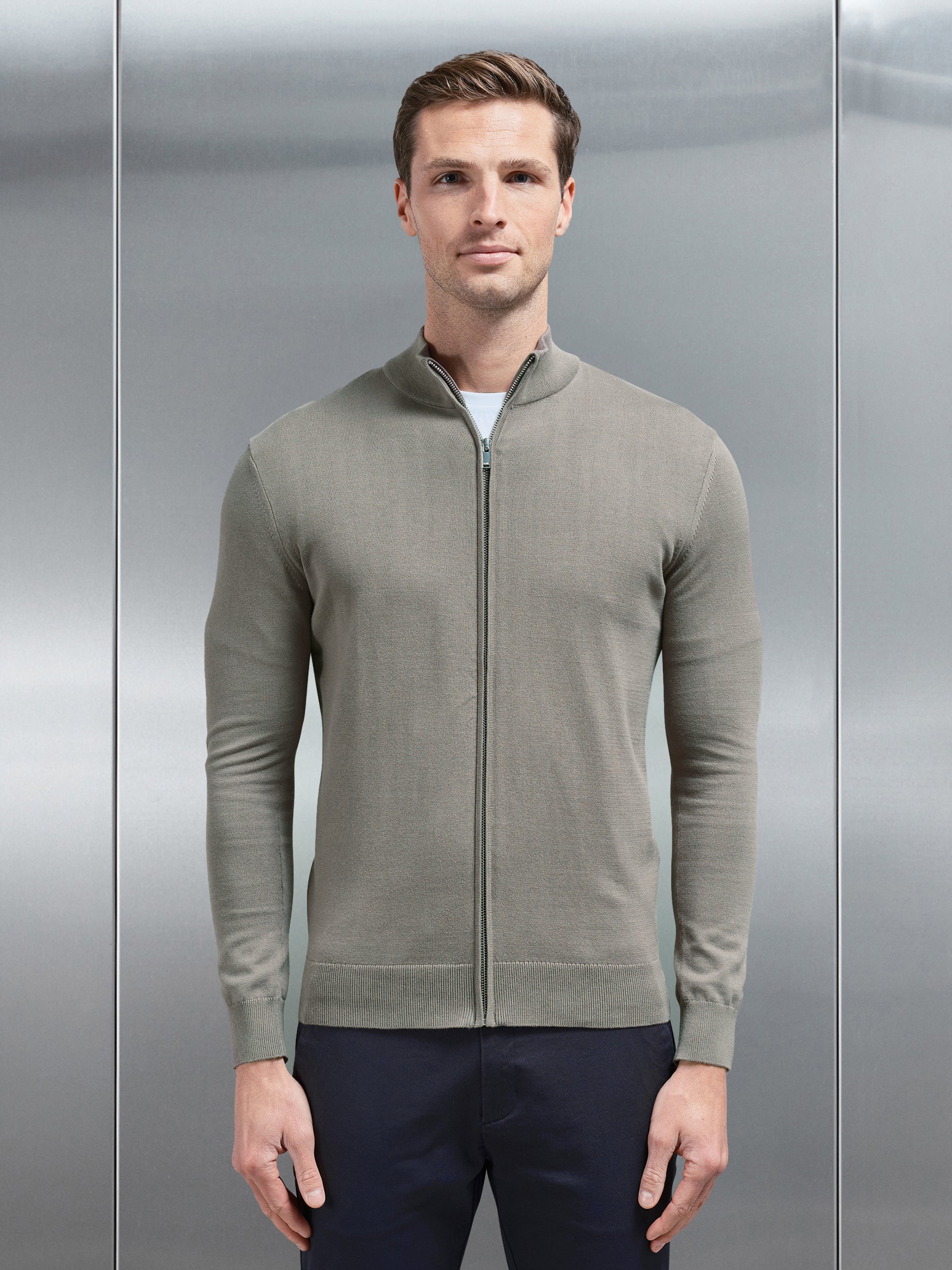 Cotton Knitted Zip Through Jacket in Sage