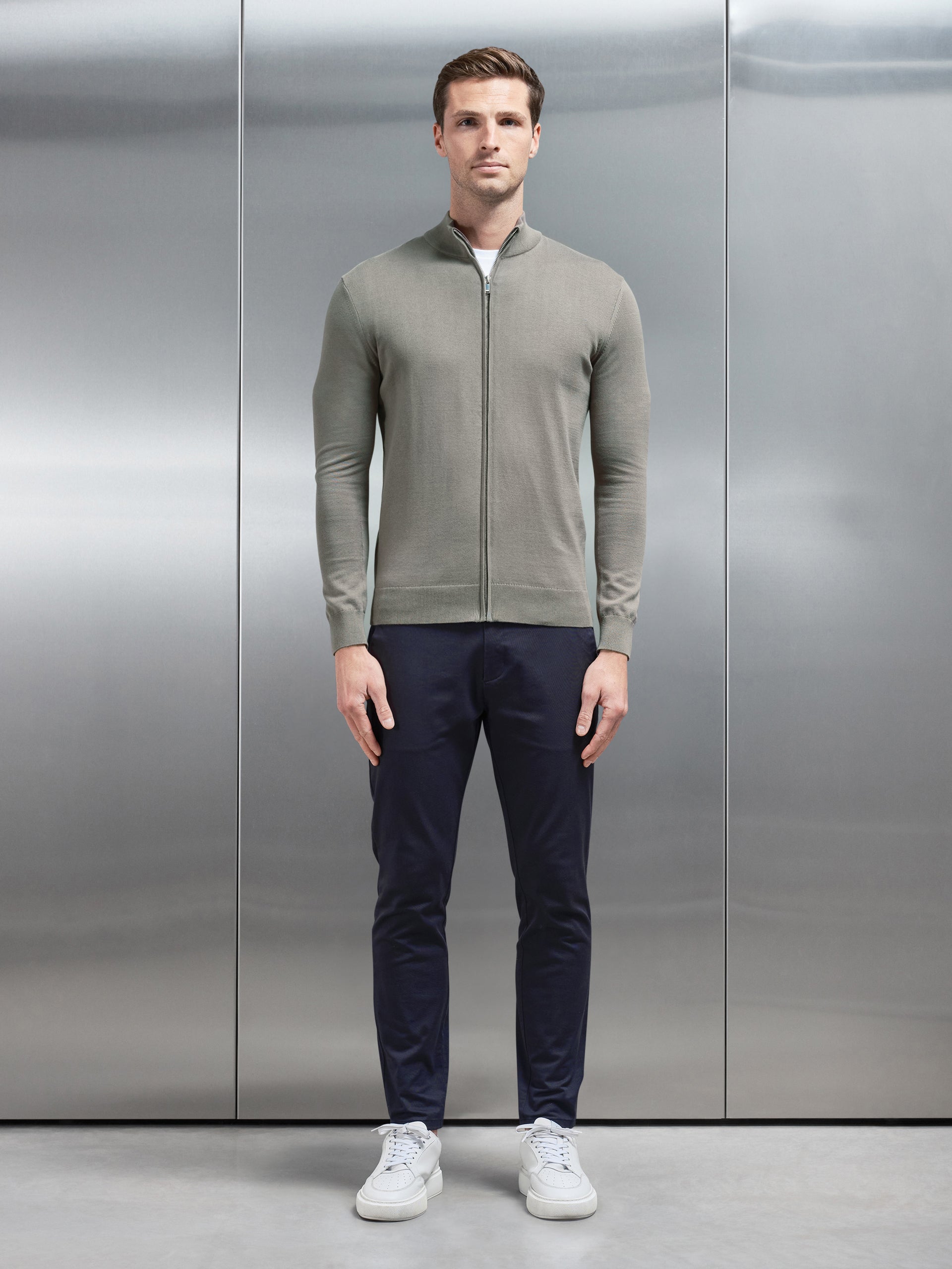 Cotton Knitted Zip Through Jacket in Sage