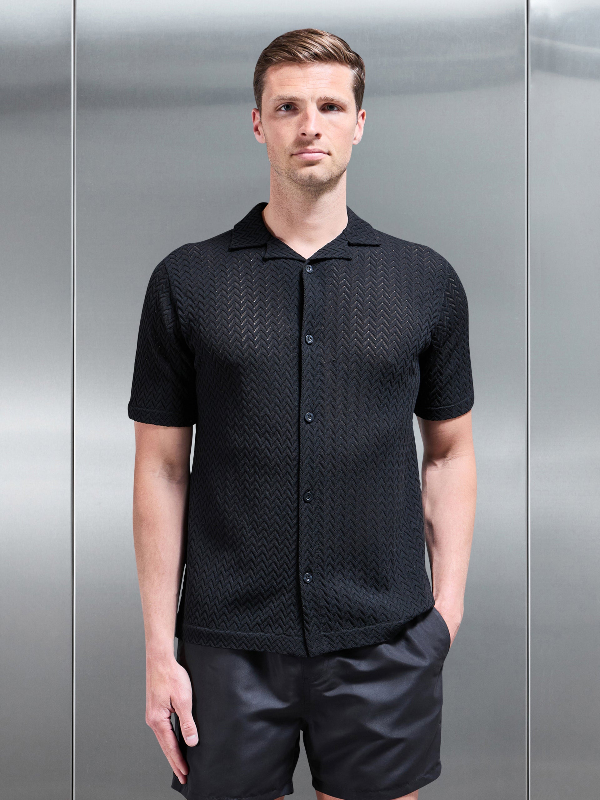 Crochet Revere Collar Shirt in Black