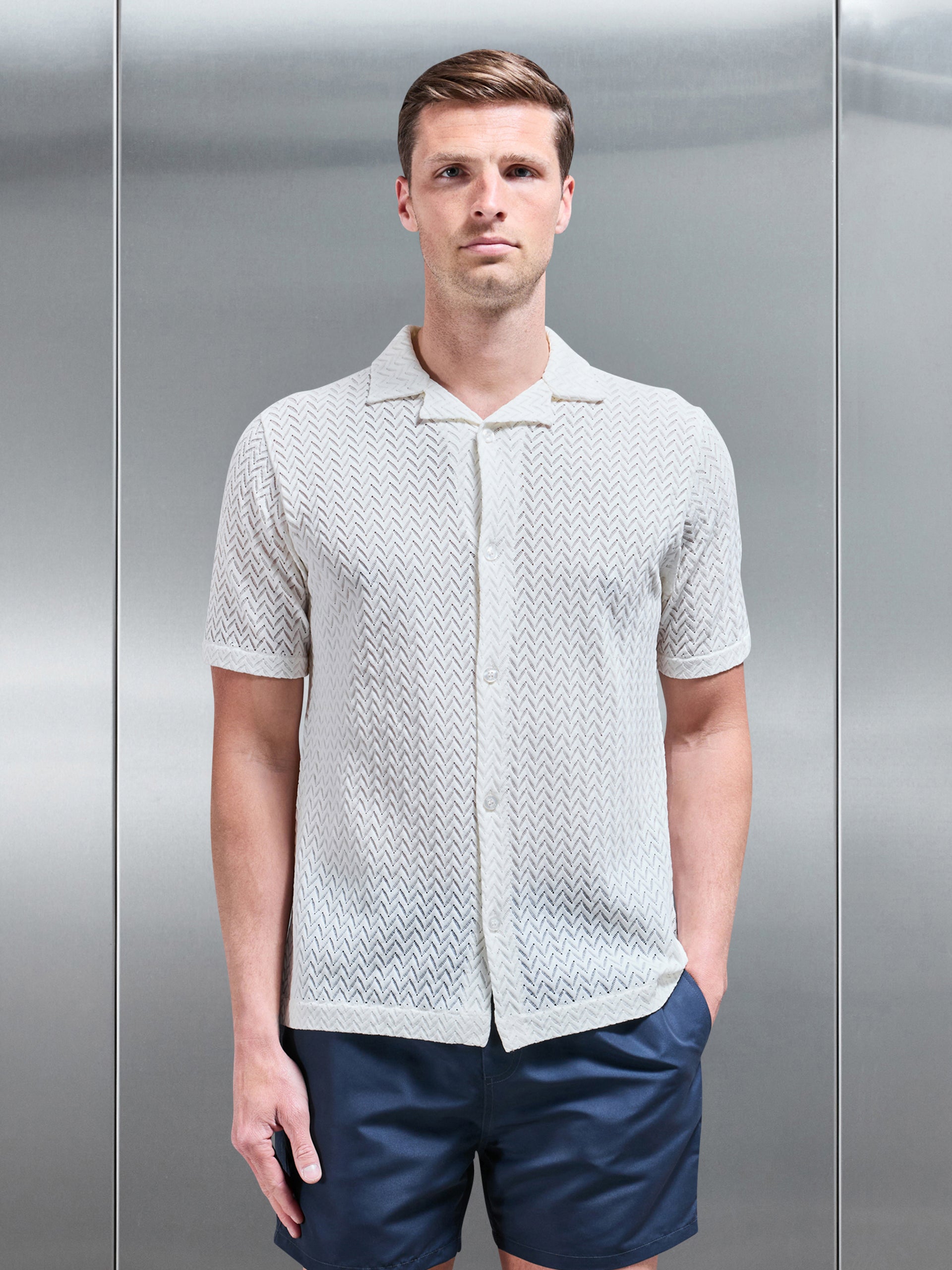 Crochet Revere Collar Shirt in Ecru